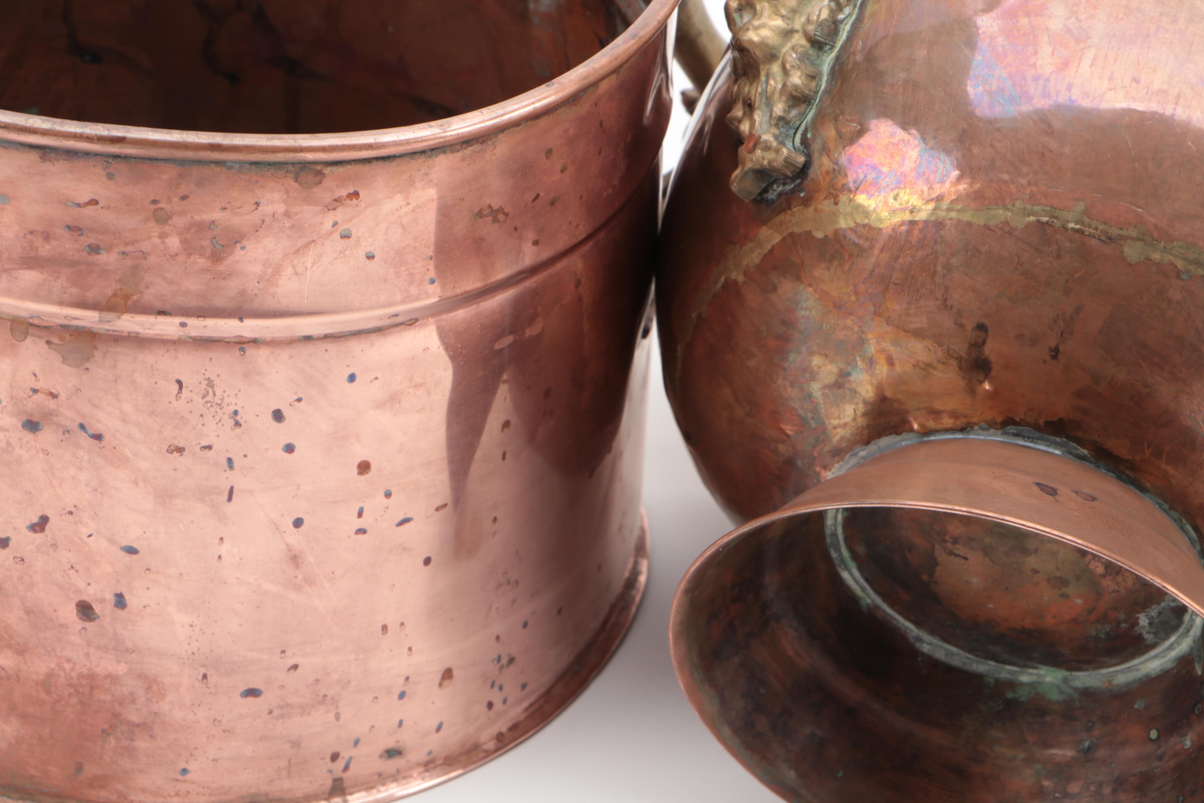 Brass and Porcelain Handled Copper Coal Scuttle with Copper Ash Bucket