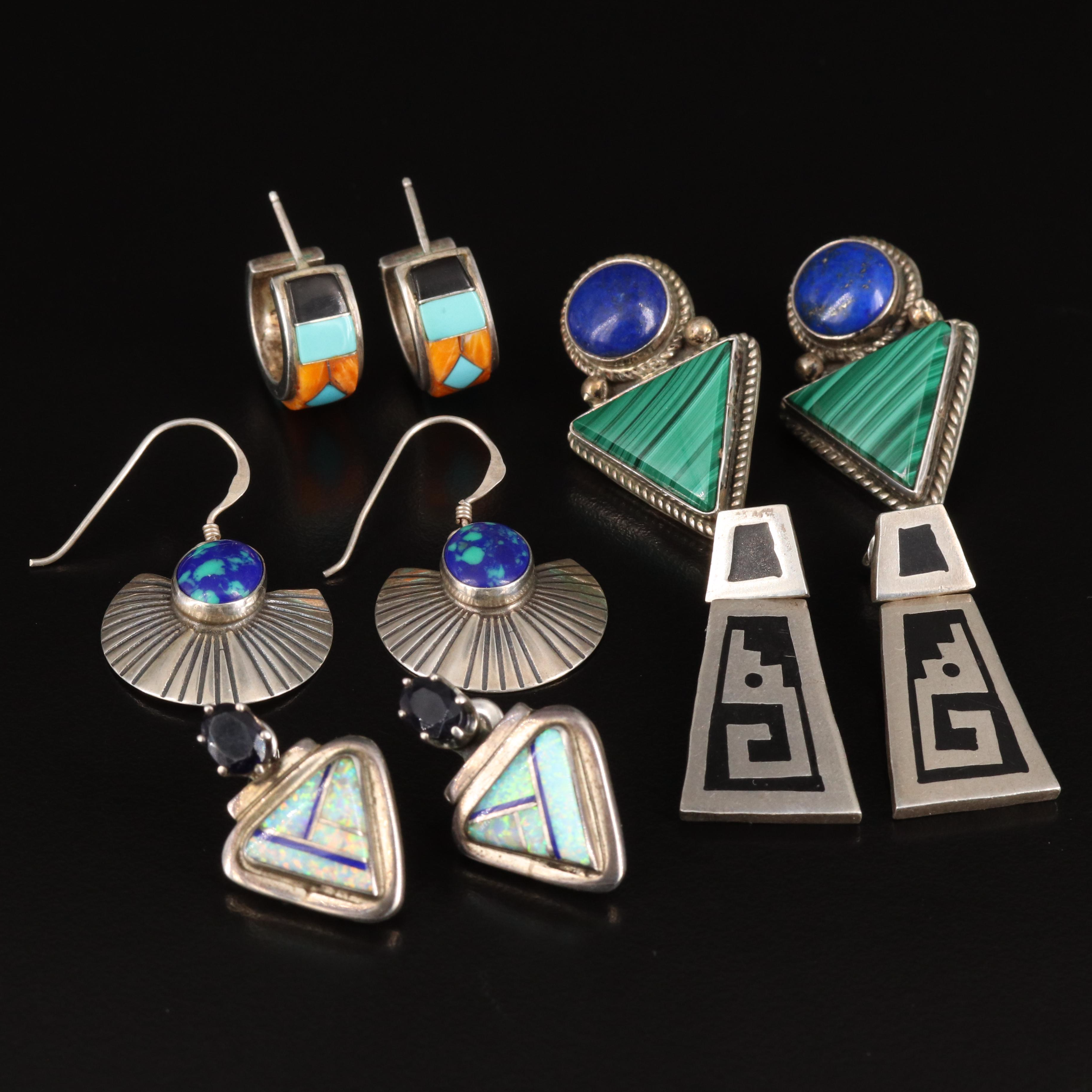 Southwestern Sterling Earrings Including Malachite and Artist Signed B. Piaso Jr