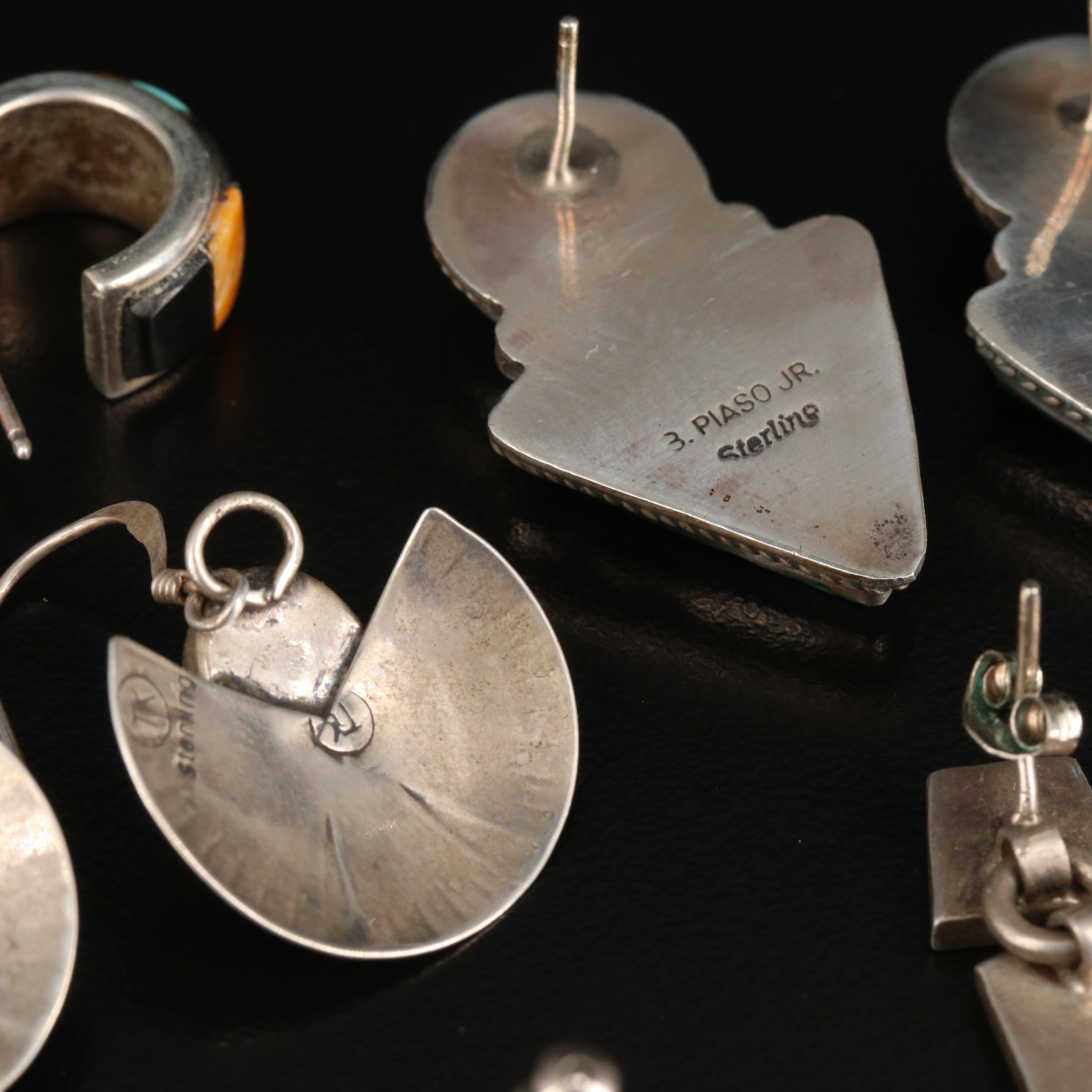 Southwestern Sterling Earrings Including Malachite and Artist Signed B. Piaso Jr