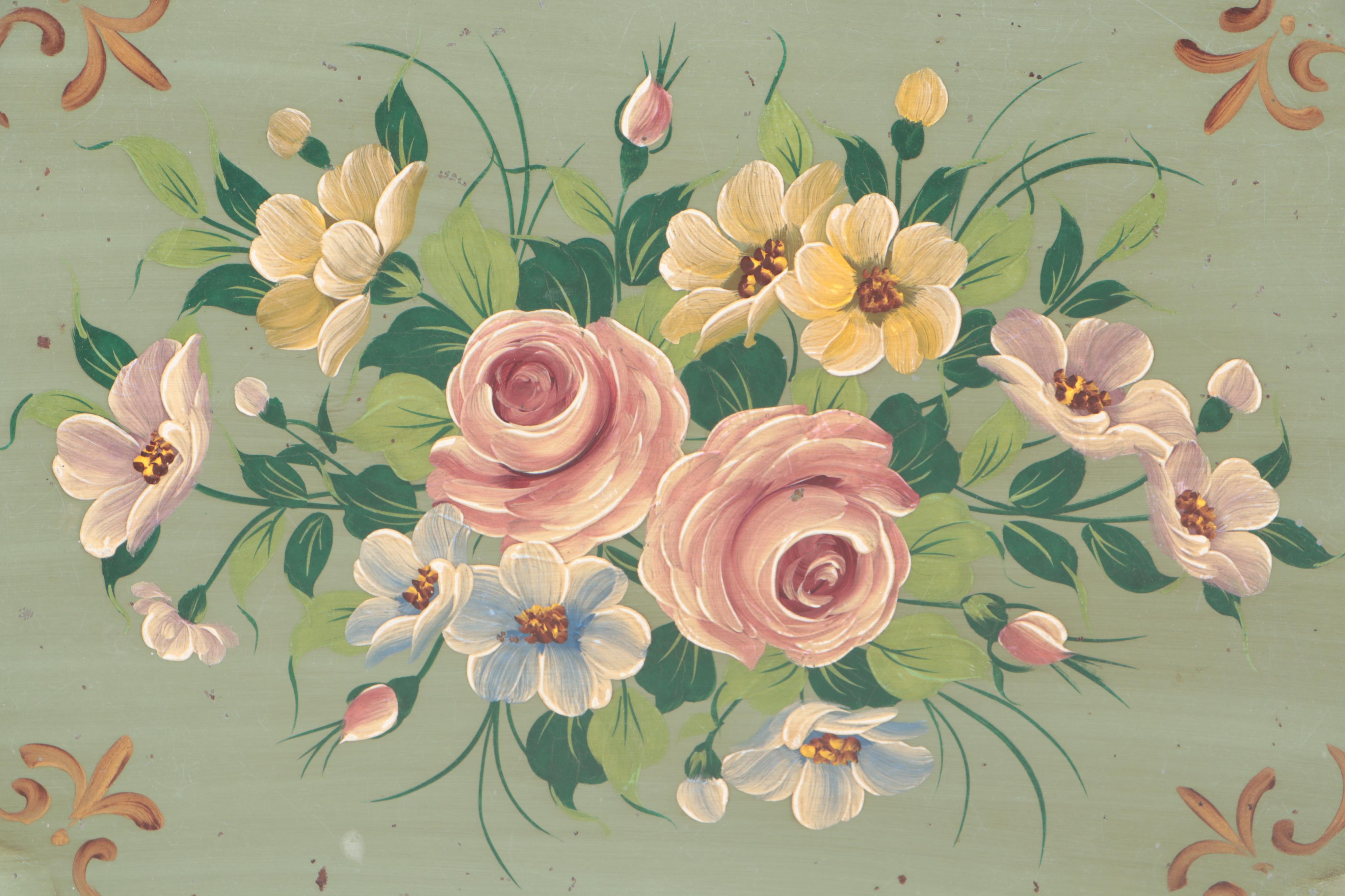 Tole Painted Floral Tray with Pair of Wooden Corner Wall Shelves