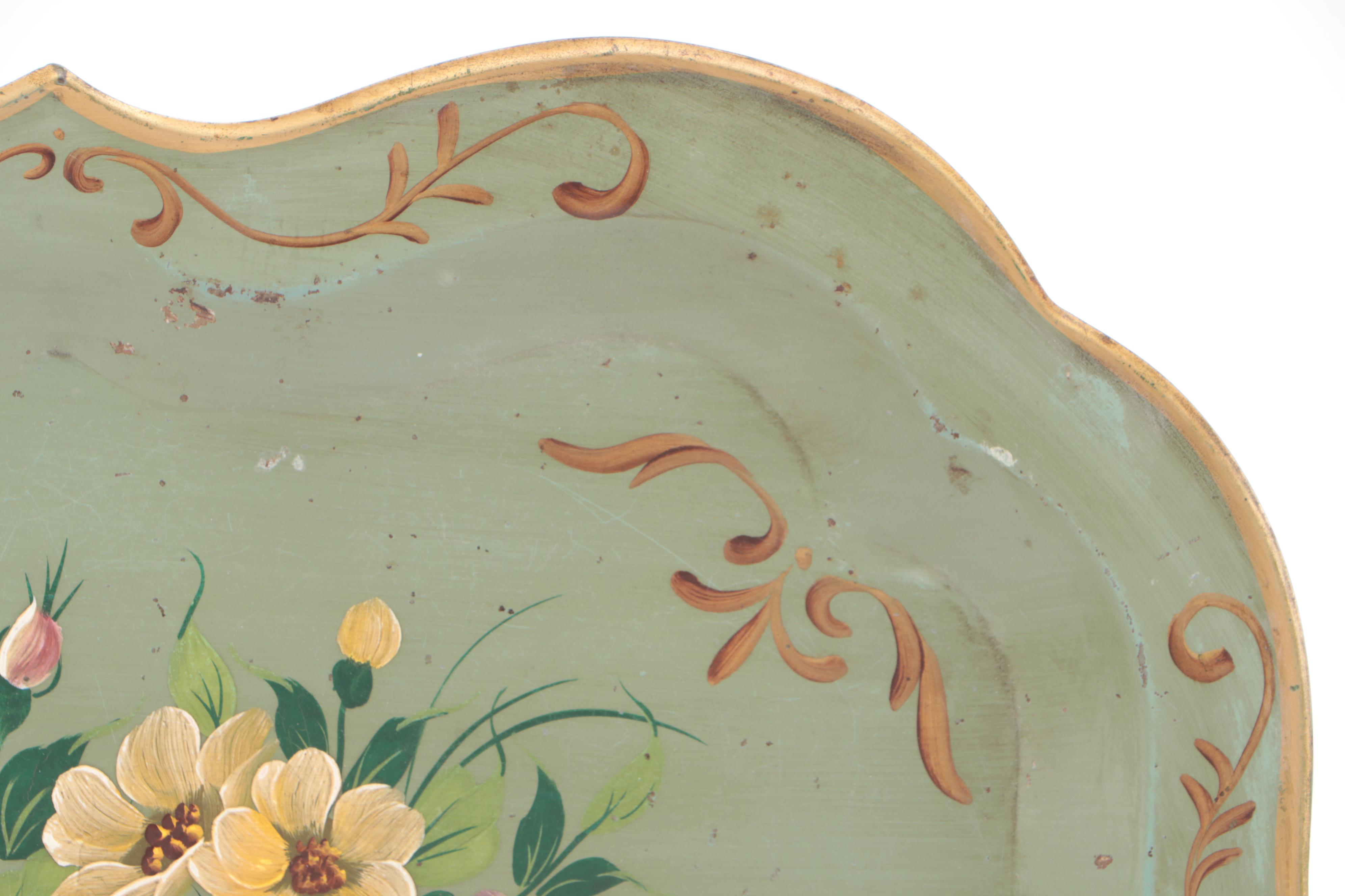 Tole Painted Floral Tray with Pair of Wooden Corner Wall Shelves