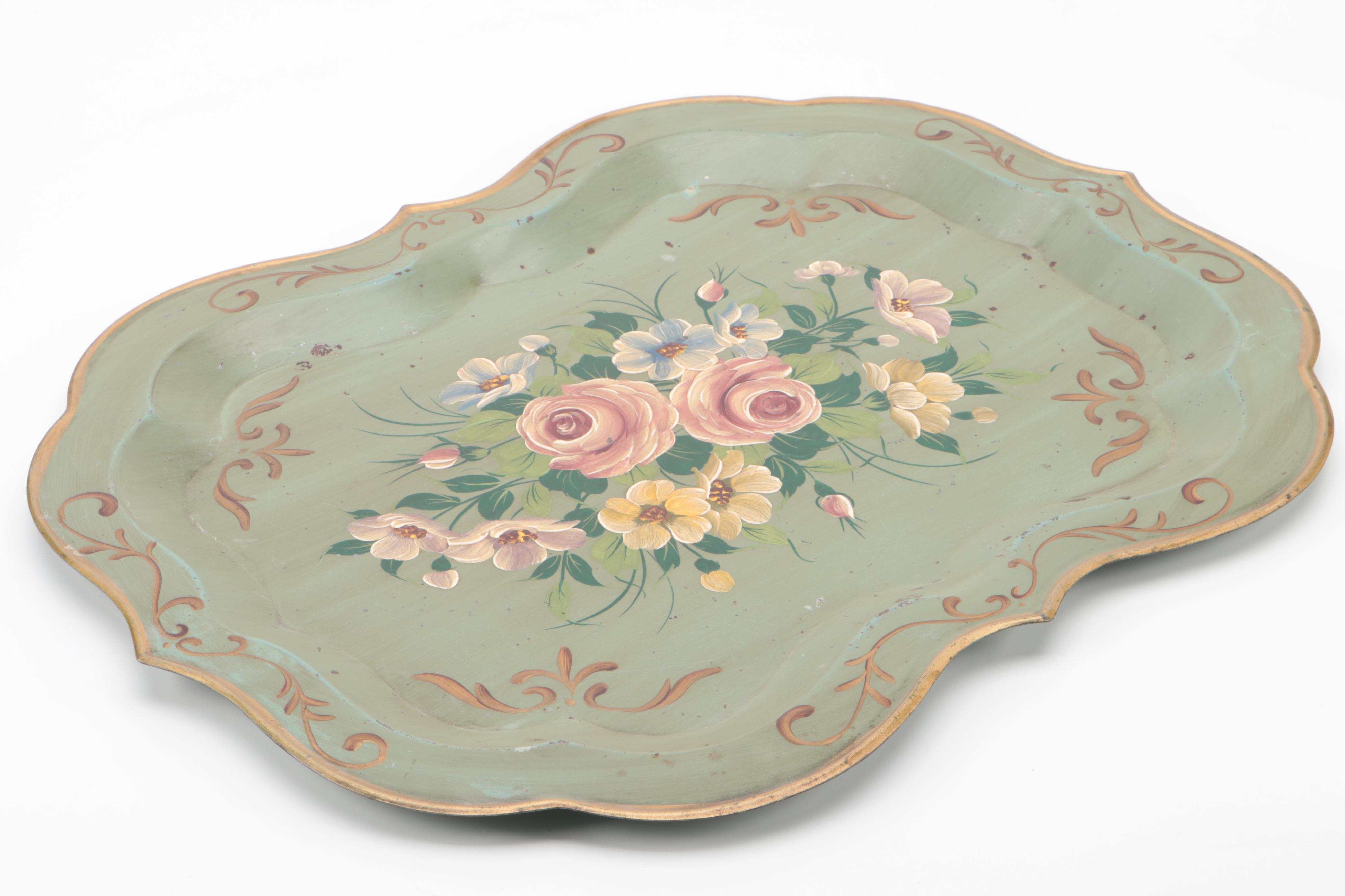 Tole Painted Floral Tray with Pair of Wooden Corner Wall Shelves