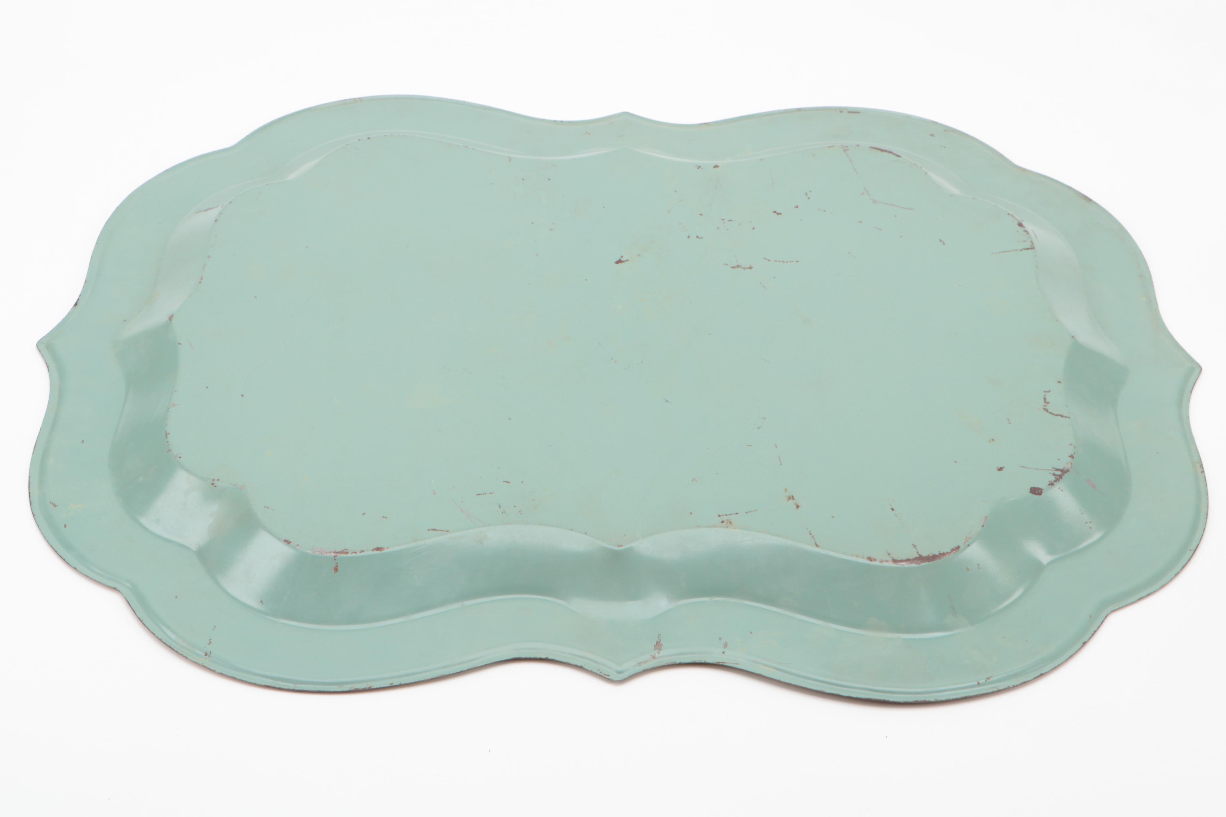 Tole Painted Floral Tray with Pair of Wooden Corner Wall Shelves