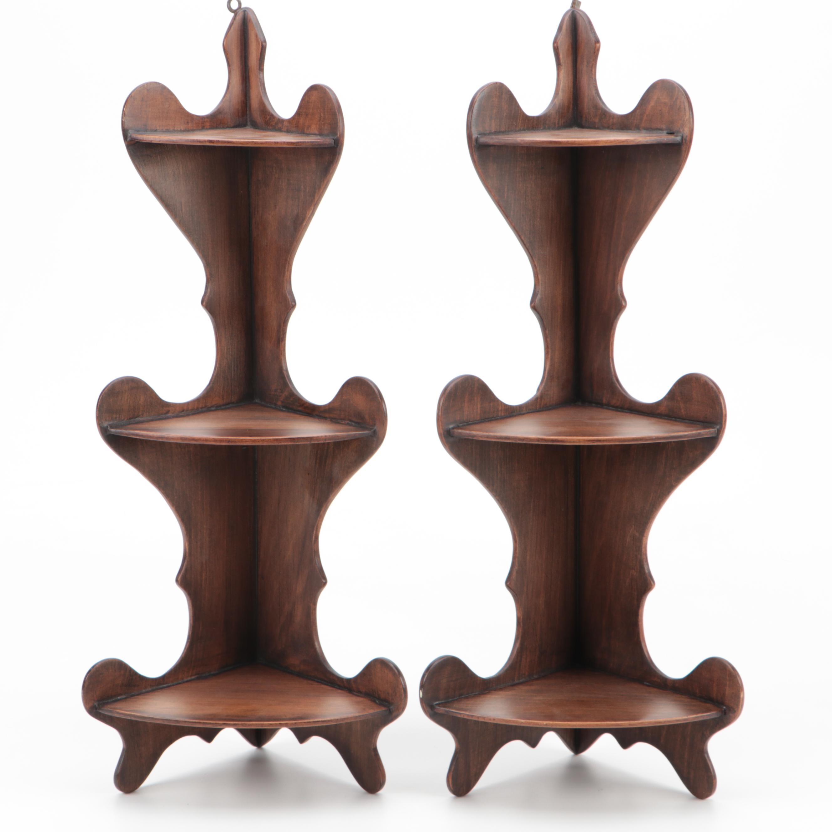 Tole Painted Floral Tray with Pair of Wooden Corner Wall Shelves