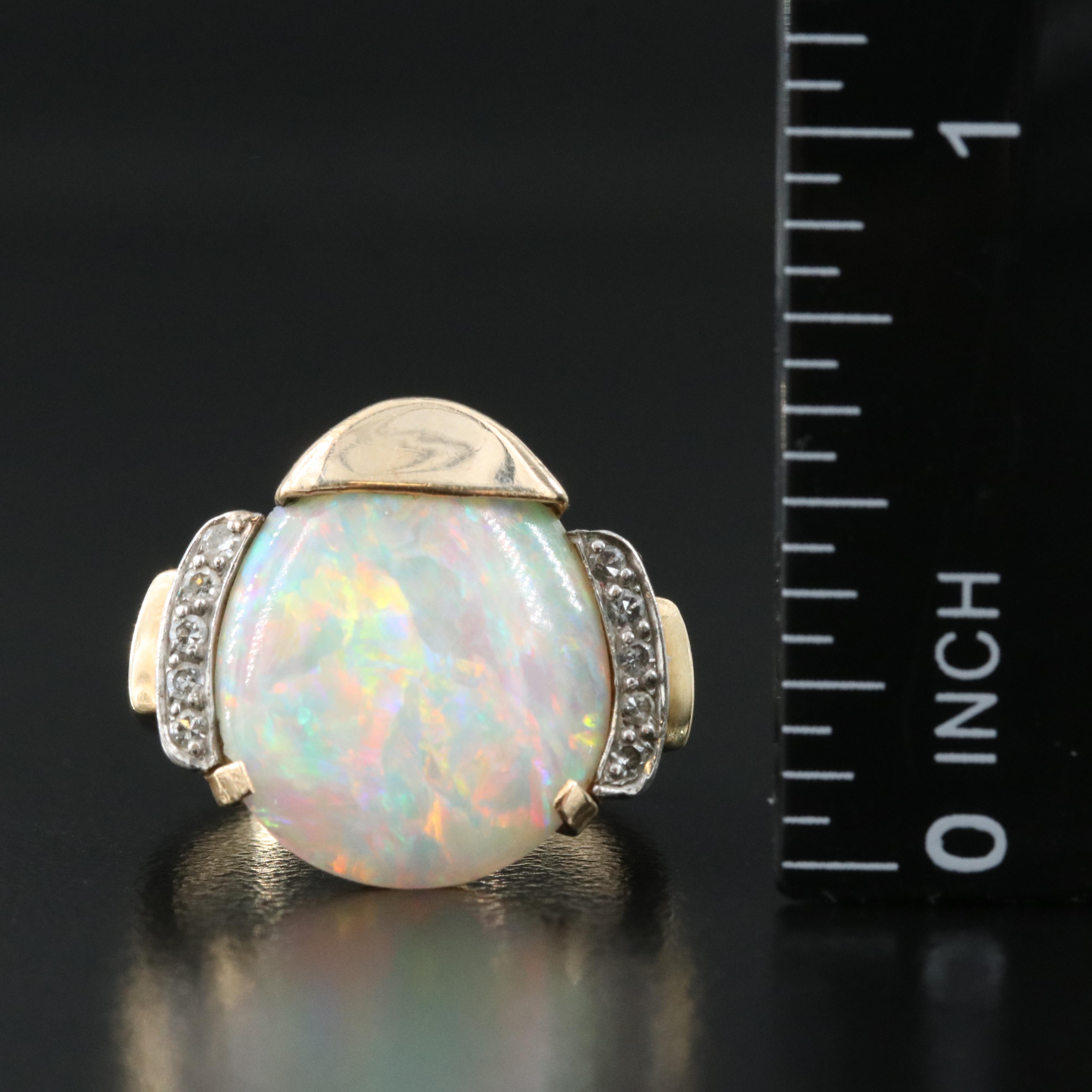 1940s F&F Felger Inc. 14K Opal and Diamond Ring with Palladium Accents