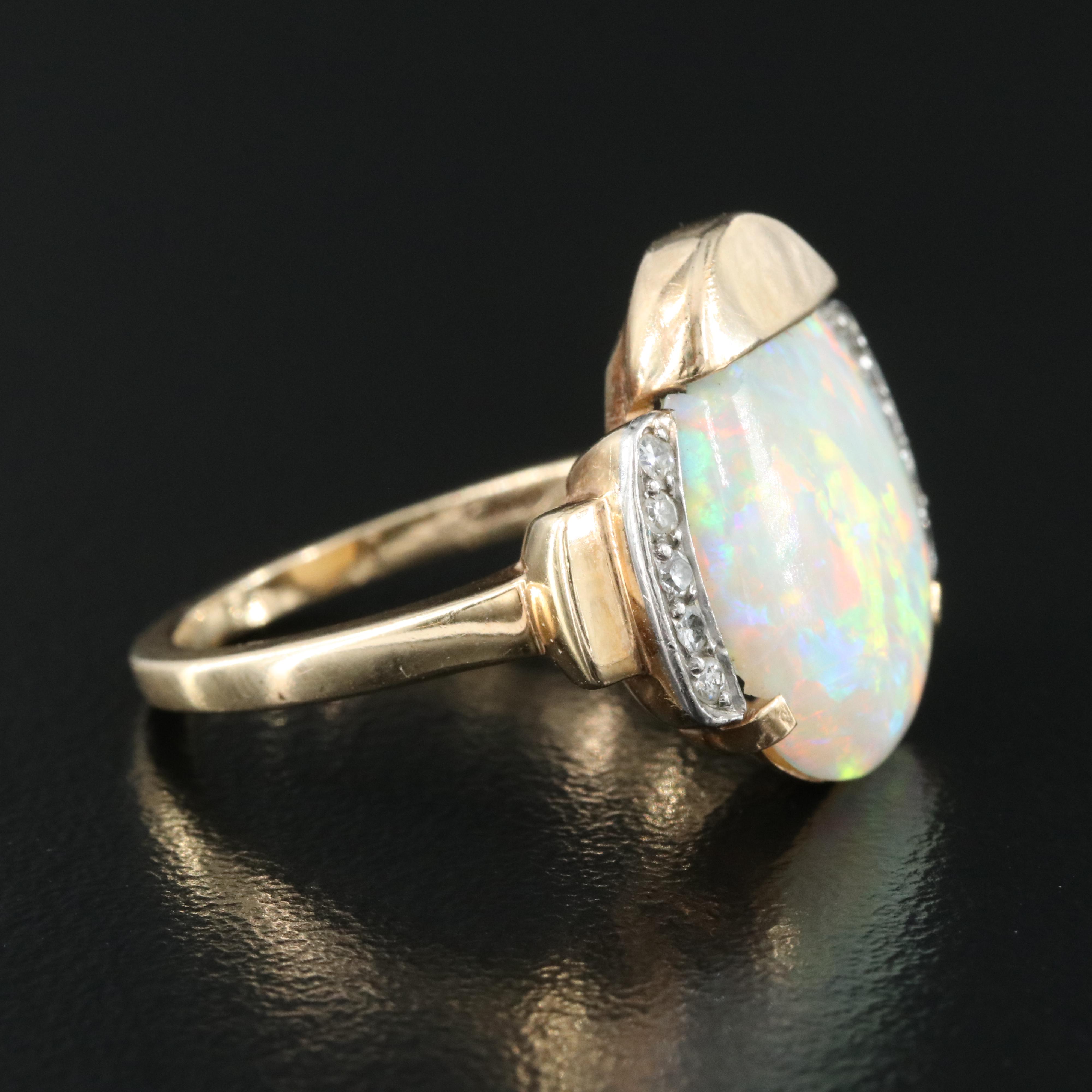 1940s F&F Felger Inc. 14K Opal and Diamond Ring with Palladium Accents