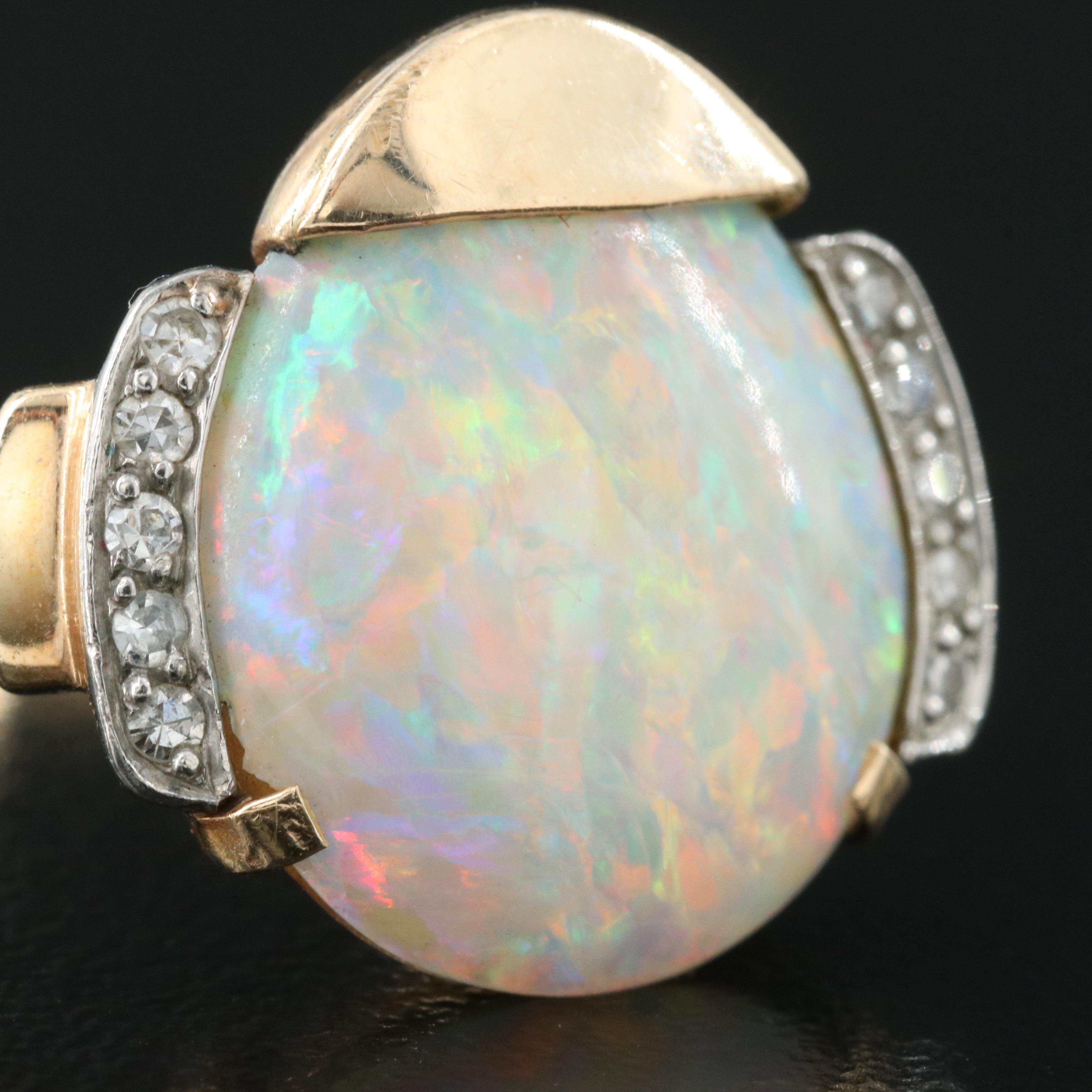 1940s F&F Felger Inc. 14K Opal and Diamond Ring with Palladium Accents