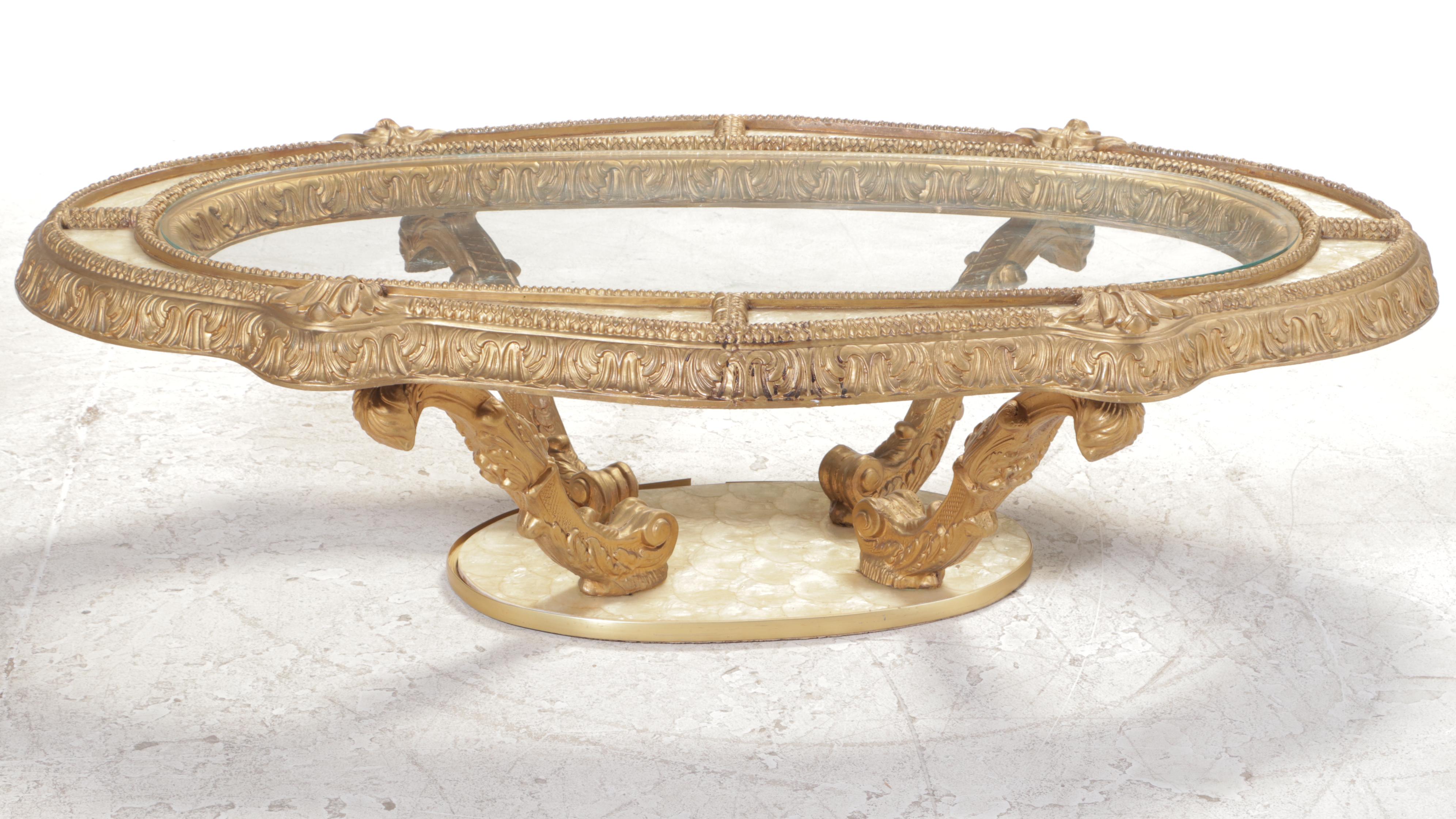 Louis XV Style Gilt-Decorated, Pearlescent, and Glass Top Coffee and Side Table