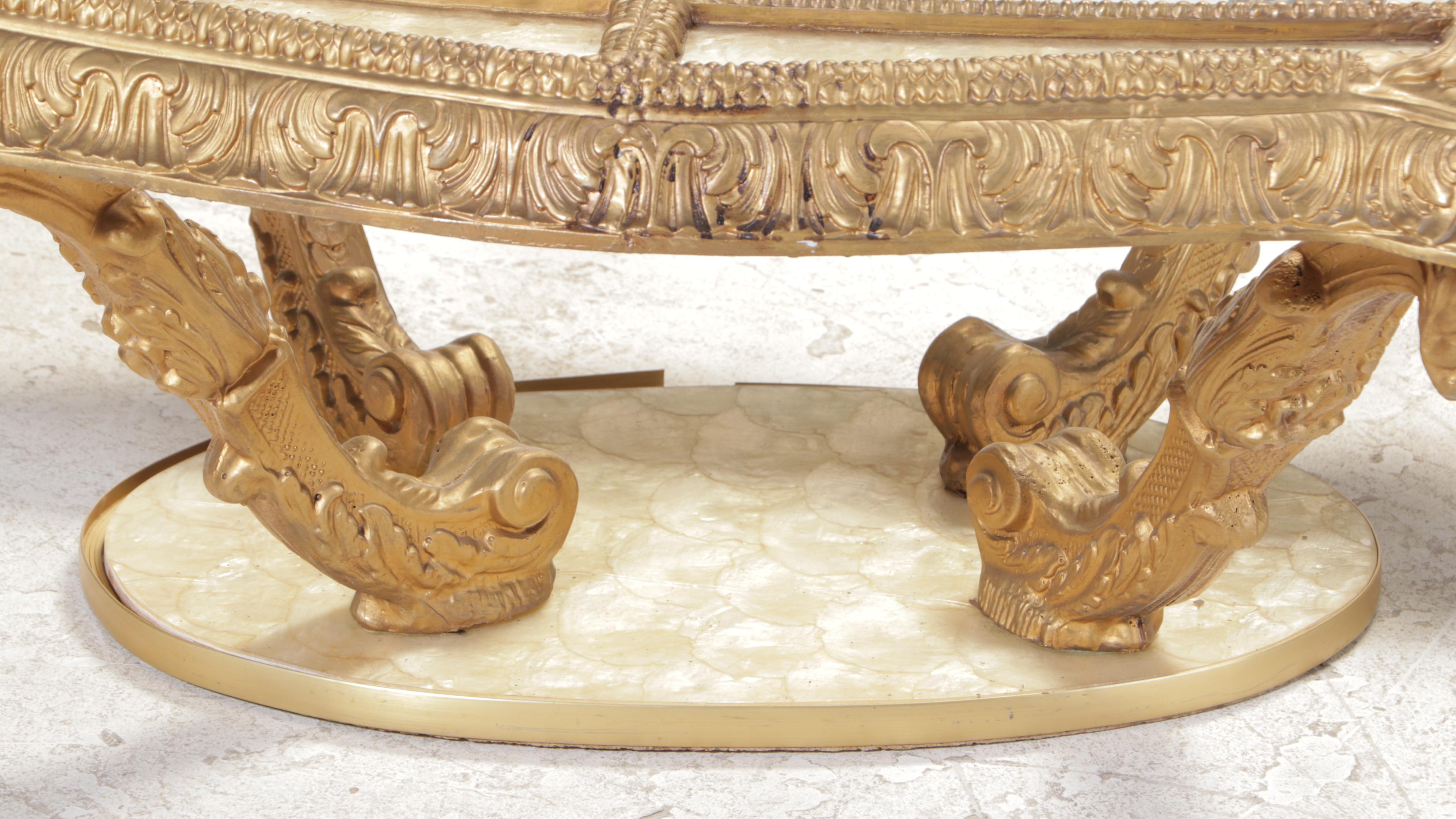 Louis XV Style Gilt-Decorated, Pearlescent, and Glass Top Coffee and Side Table