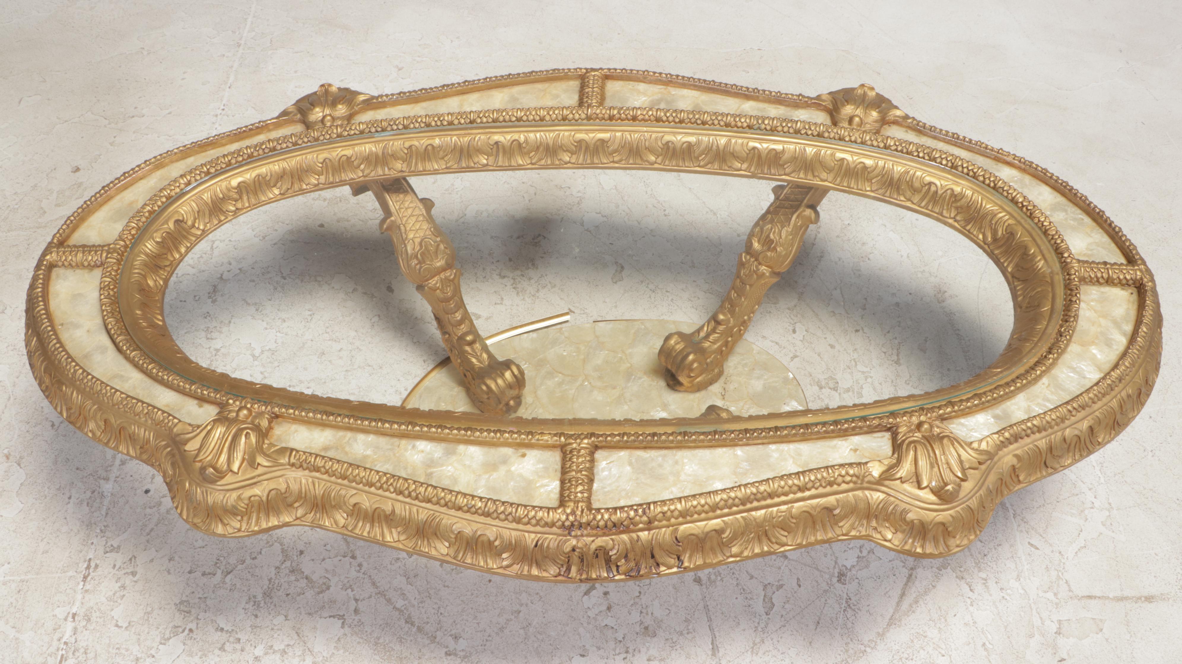 Louis XV Style Gilt-Decorated, Pearlescent, and Glass Top Coffee and Side Table