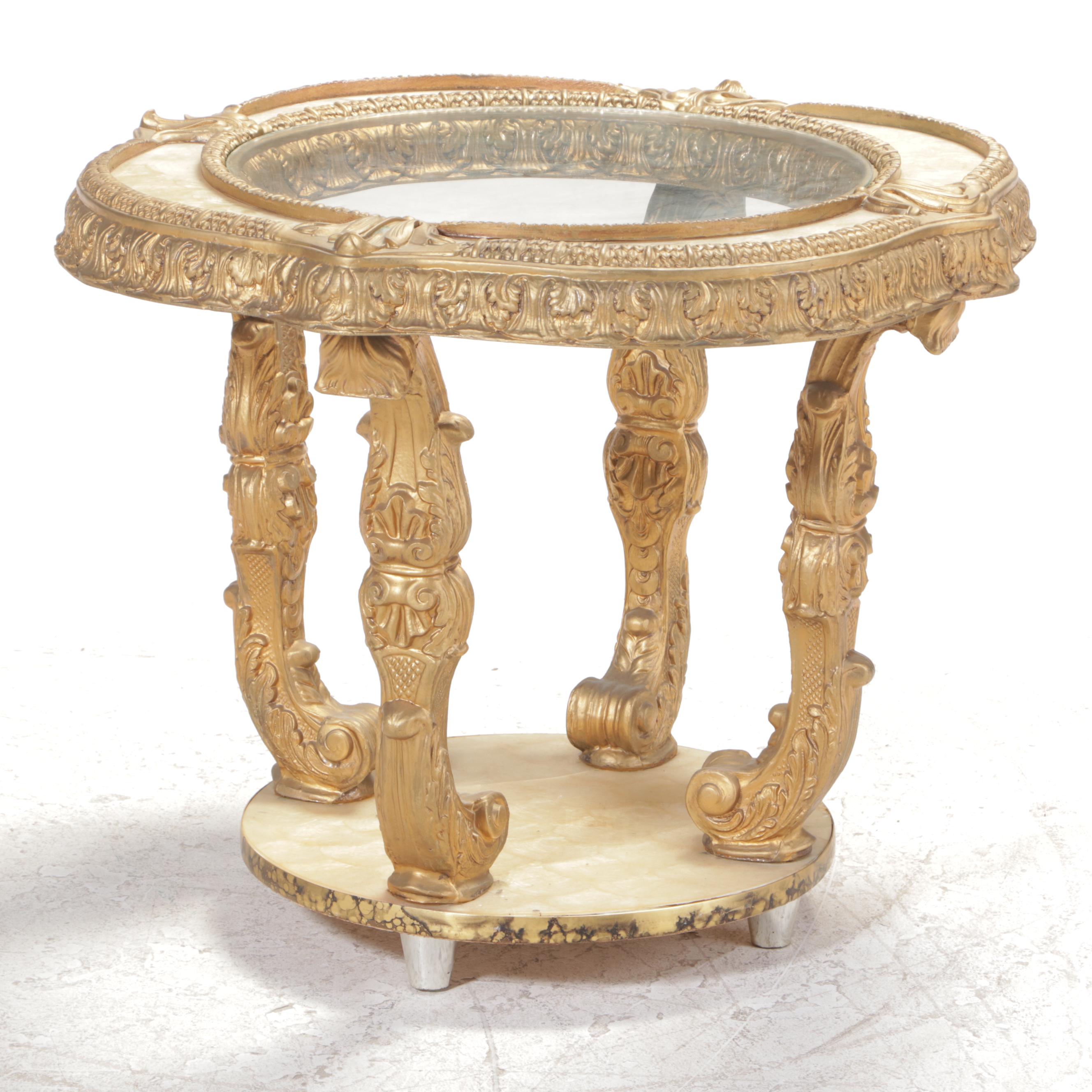 Louis XV Style Gilt-Decorated, Pearlescent, and Glass Top Coffee and Side Table
