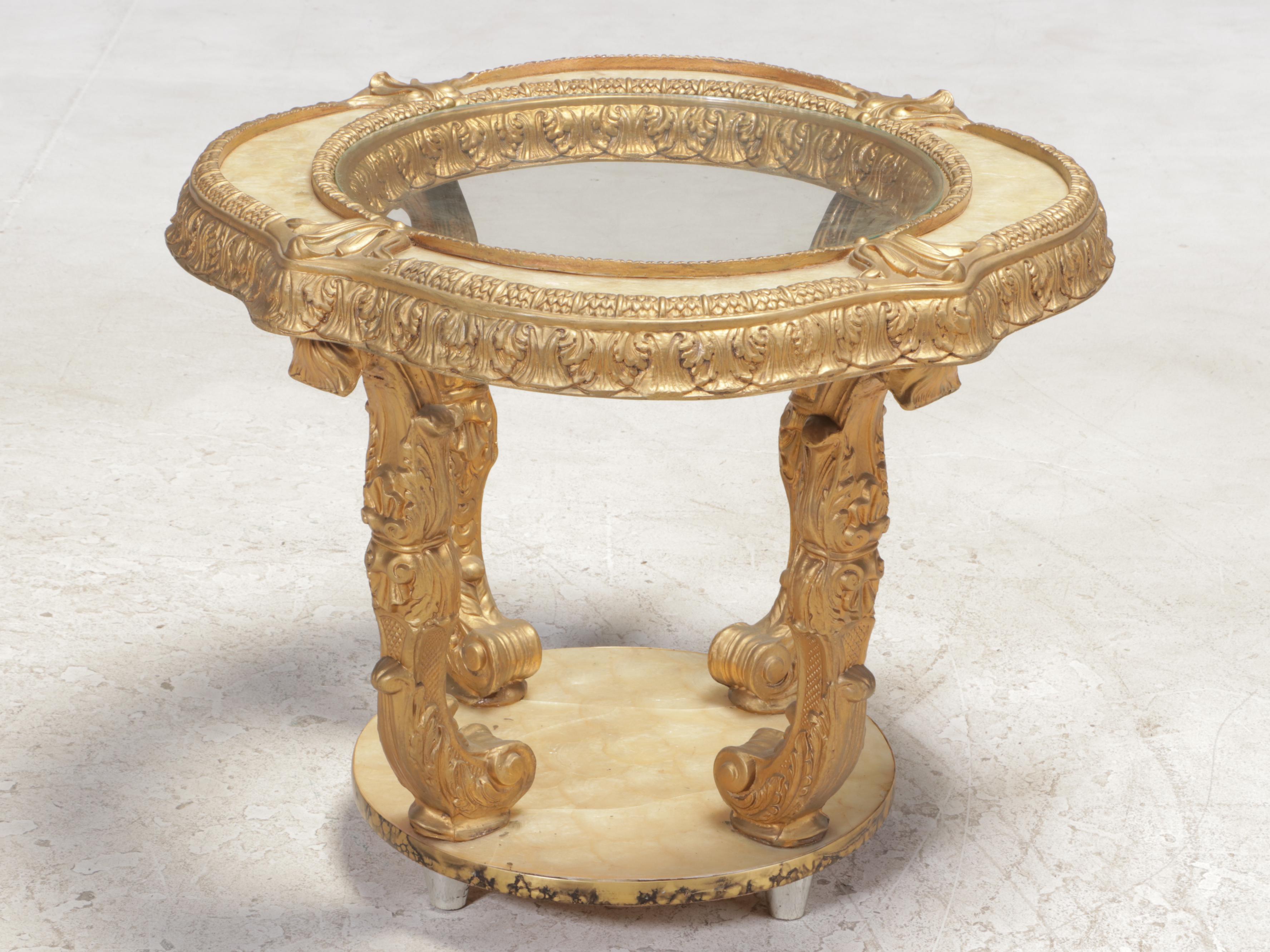 Louis XV Style Gilt-Decorated, Pearlescent, and Glass Top Coffee and Side Table