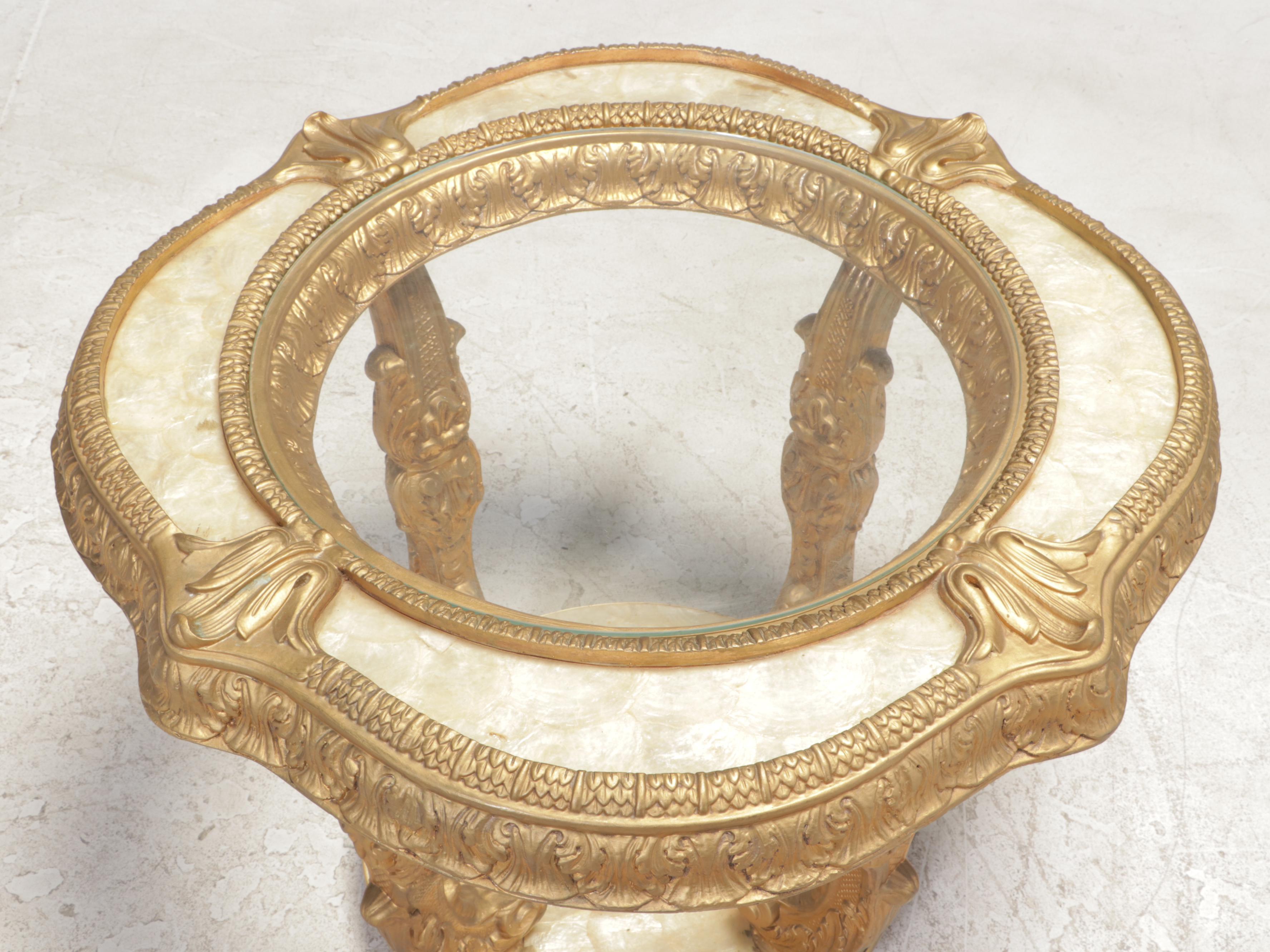 Louis XV Style Gilt-Decorated, Pearlescent, and Glass Top Coffee and Side Table