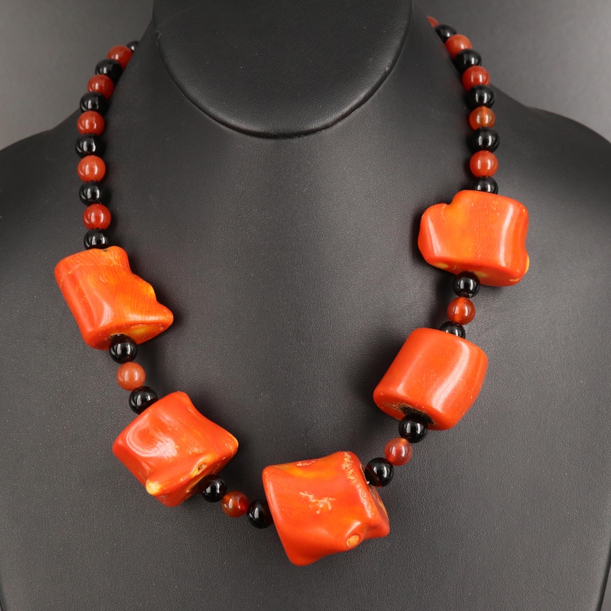 Coral, Black Onyx and Carnelian Necklace with Sterling Clasp