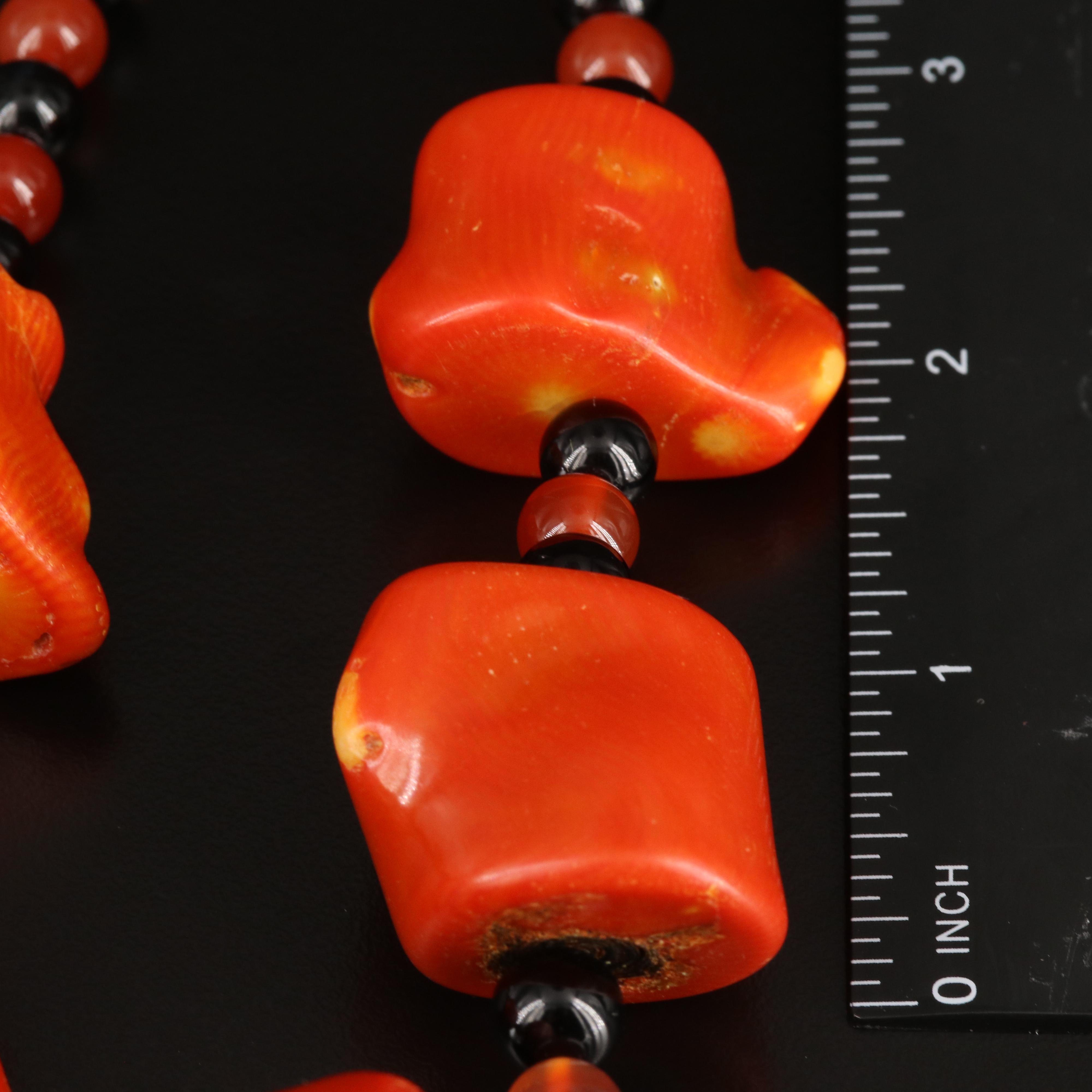 Coral, Black Onyx and Carnelian Necklace with Sterling Clasp