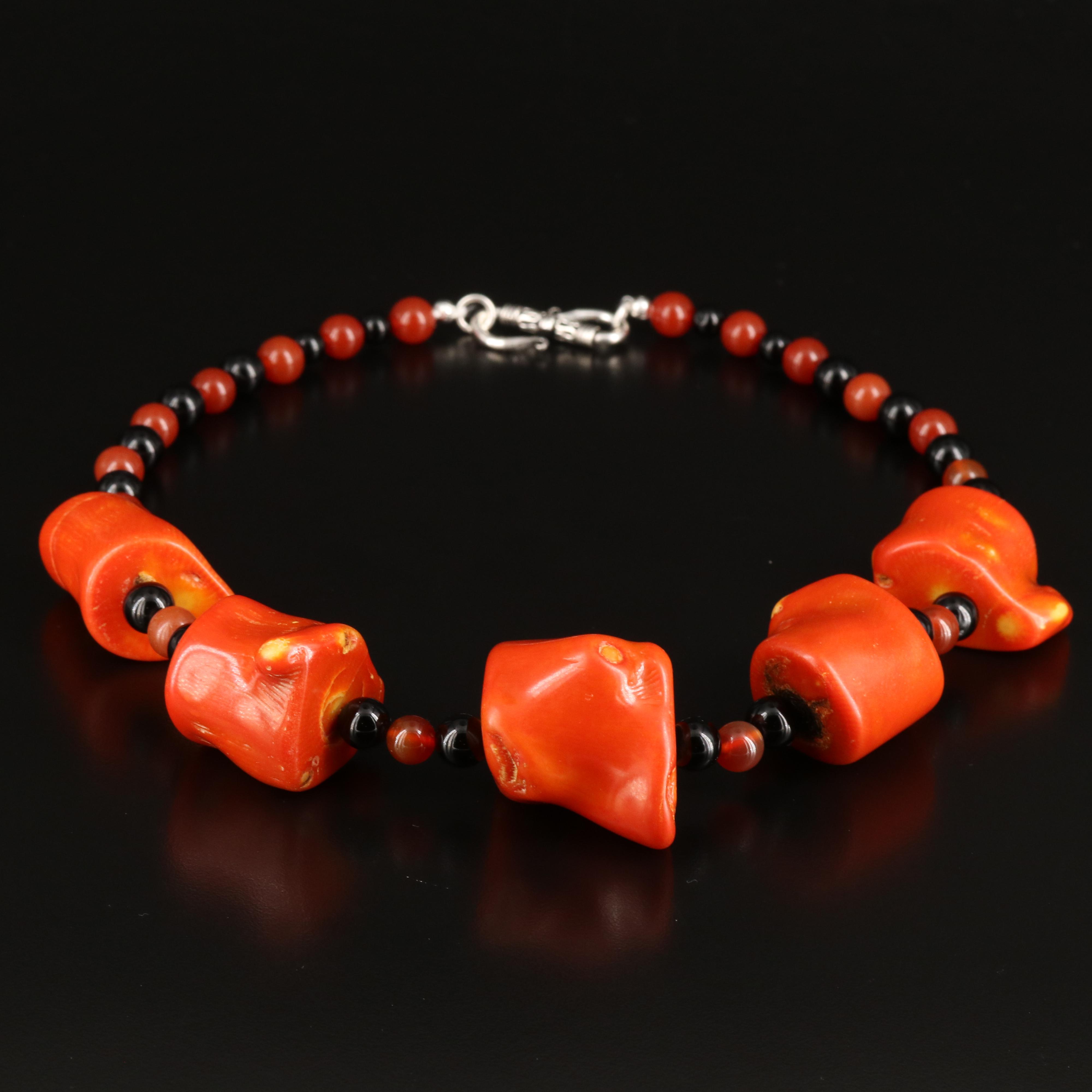 Coral, Black Onyx and Carnelian Necklace with Sterling Clasp