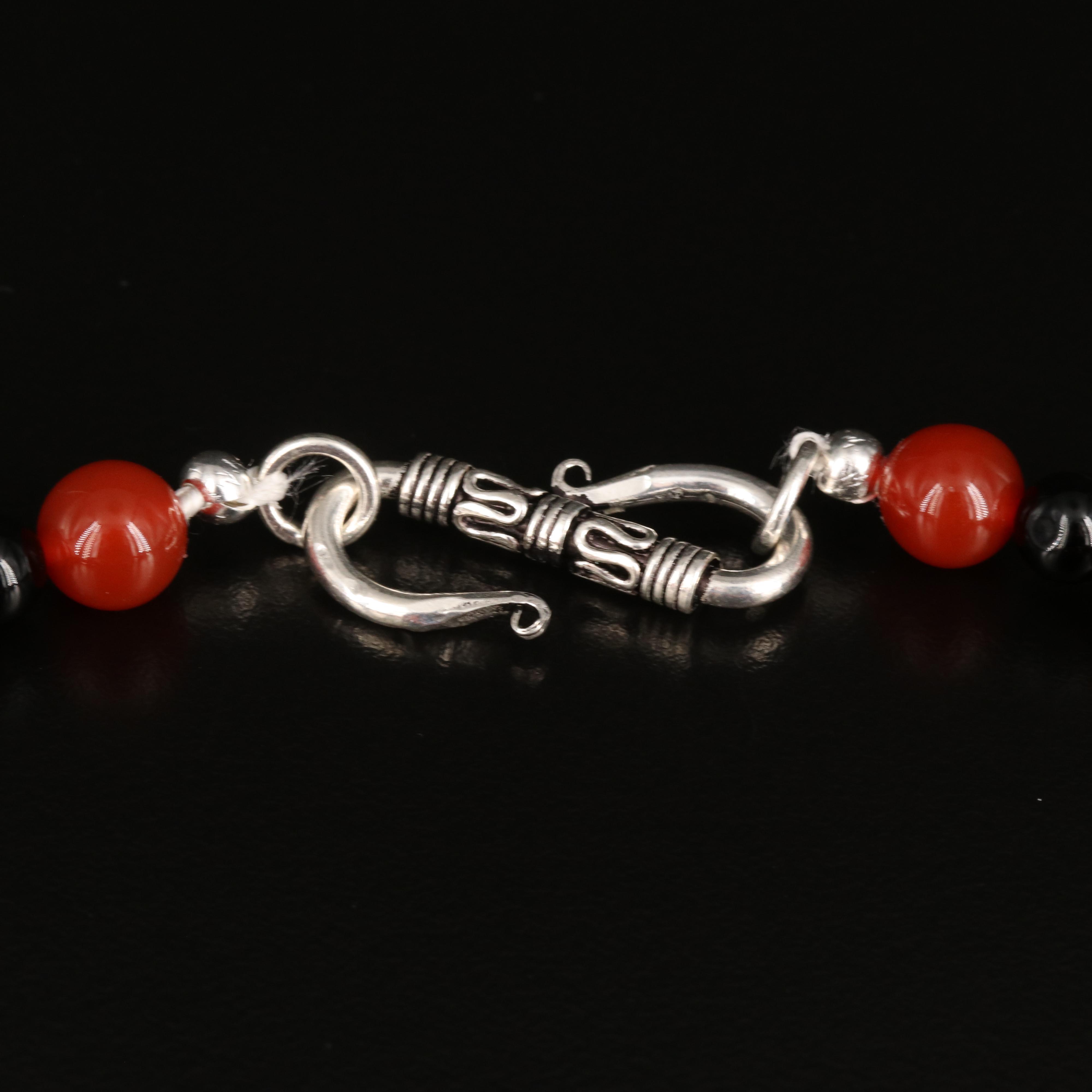 Coral, Black Onyx and Carnelian Necklace with Sterling Clasp