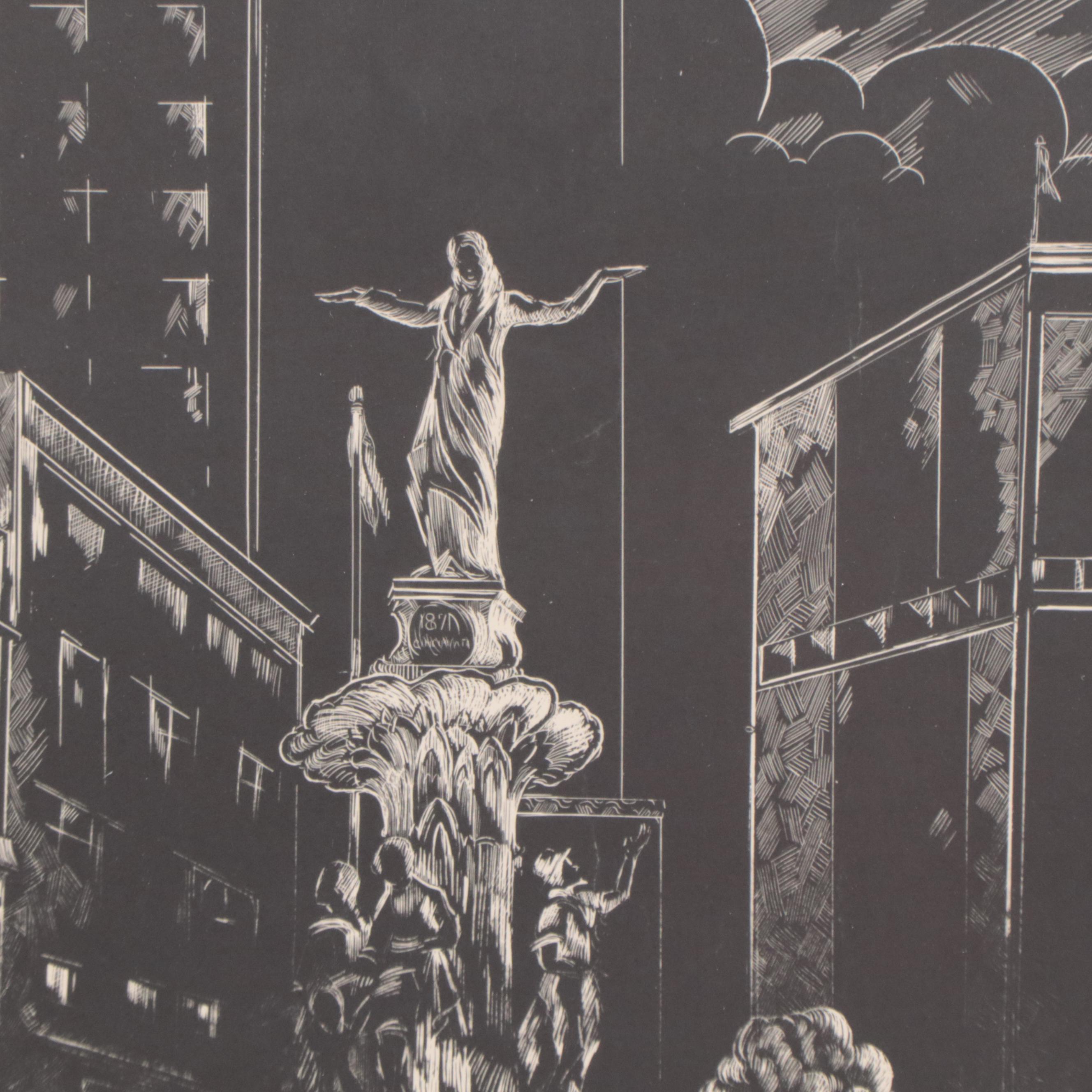 Louis Spiegel Linoleum Cut of Cincinnati Fountain Square, Circa 1960