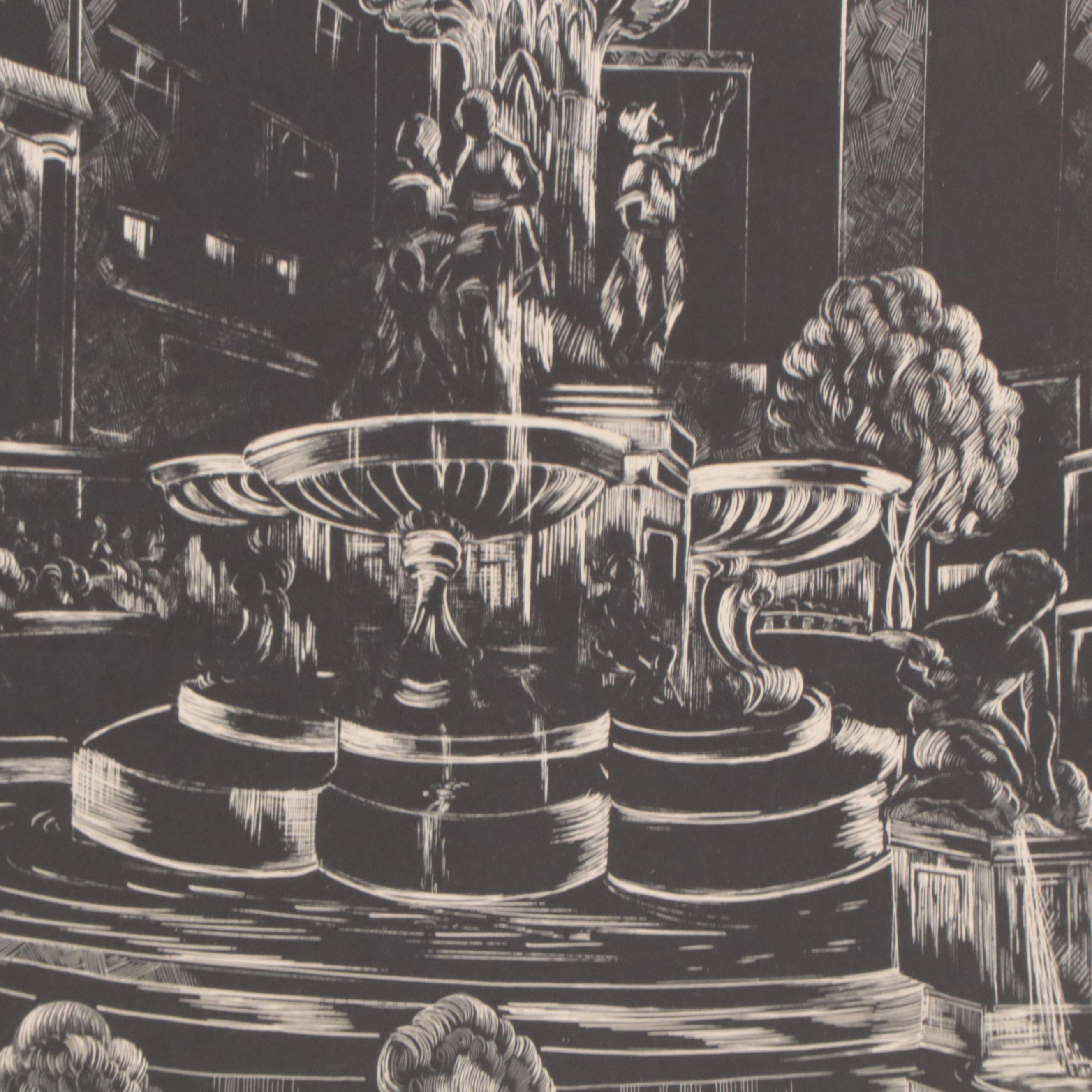 Louis Spiegel Linoleum Cut of Cincinnati Fountain Square, Circa 1960