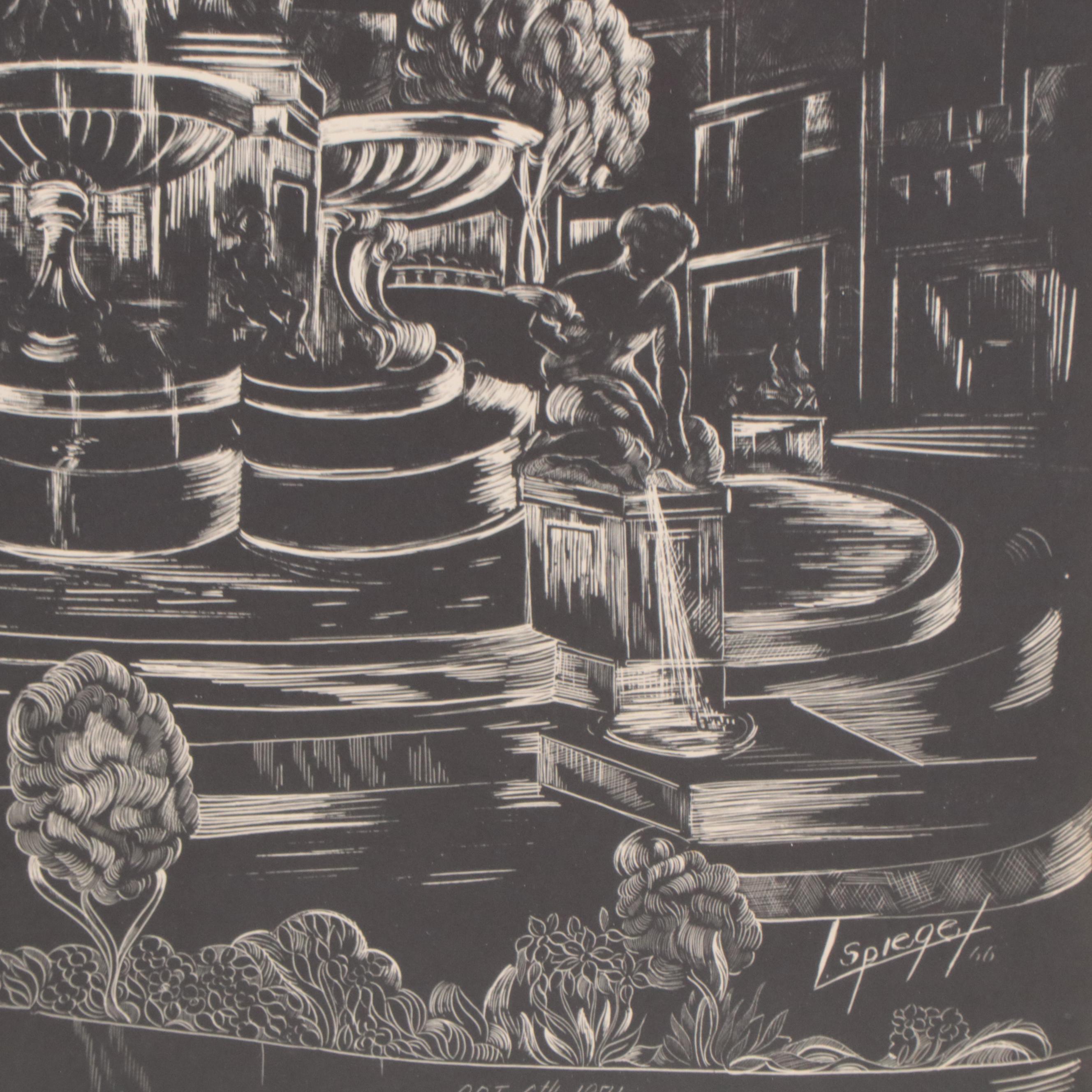 Louis Spiegel Linoleum Cut of Cincinnati Fountain Square, Circa 1960