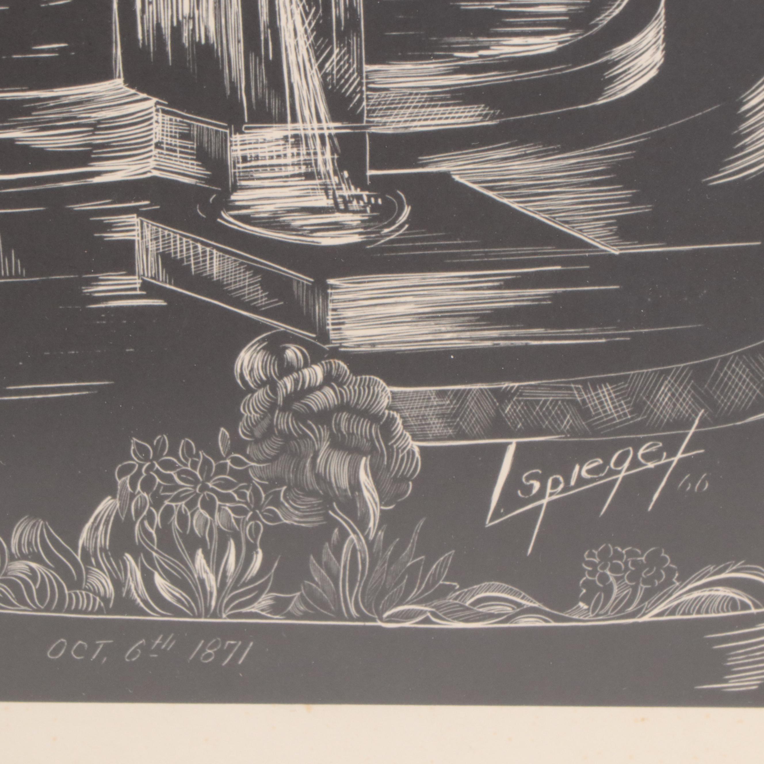 Louis Spiegel Linoleum Cut of Cincinnati Fountain Square, Circa 1960