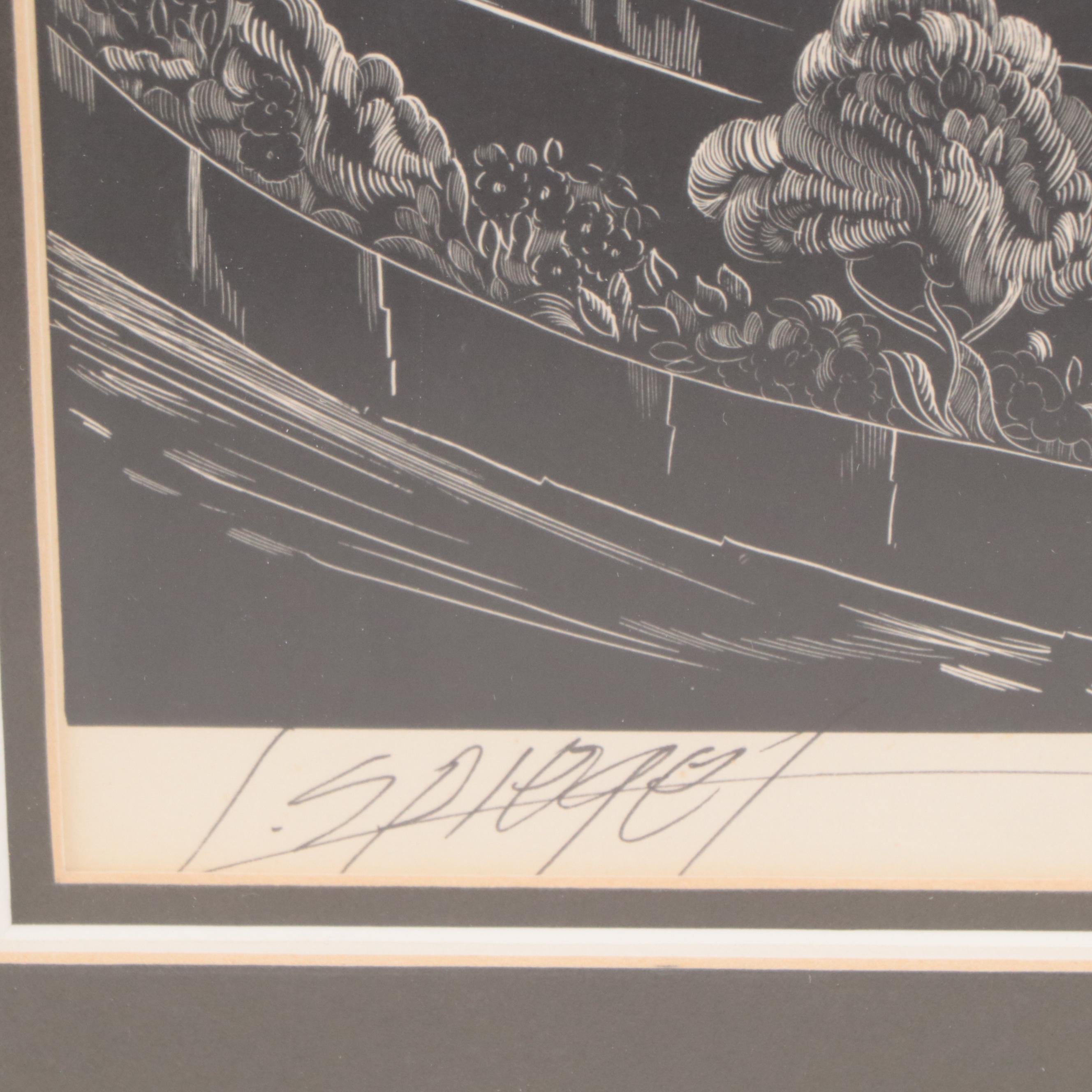 Louis Spiegel Linoleum Cut of Cincinnati Fountain Square, Circa 1960