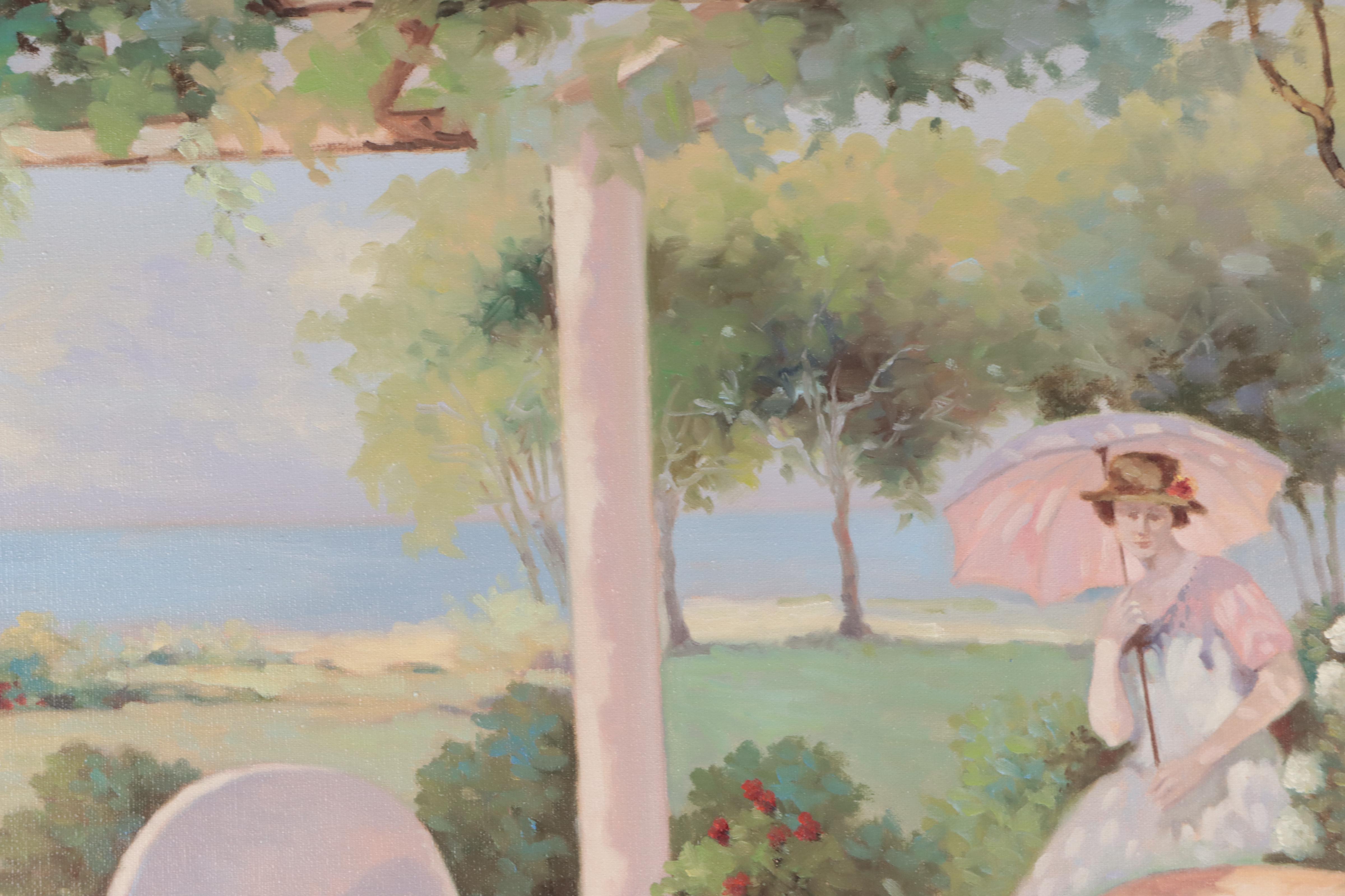 Candi Oil Painting of Patio Scene With Figure