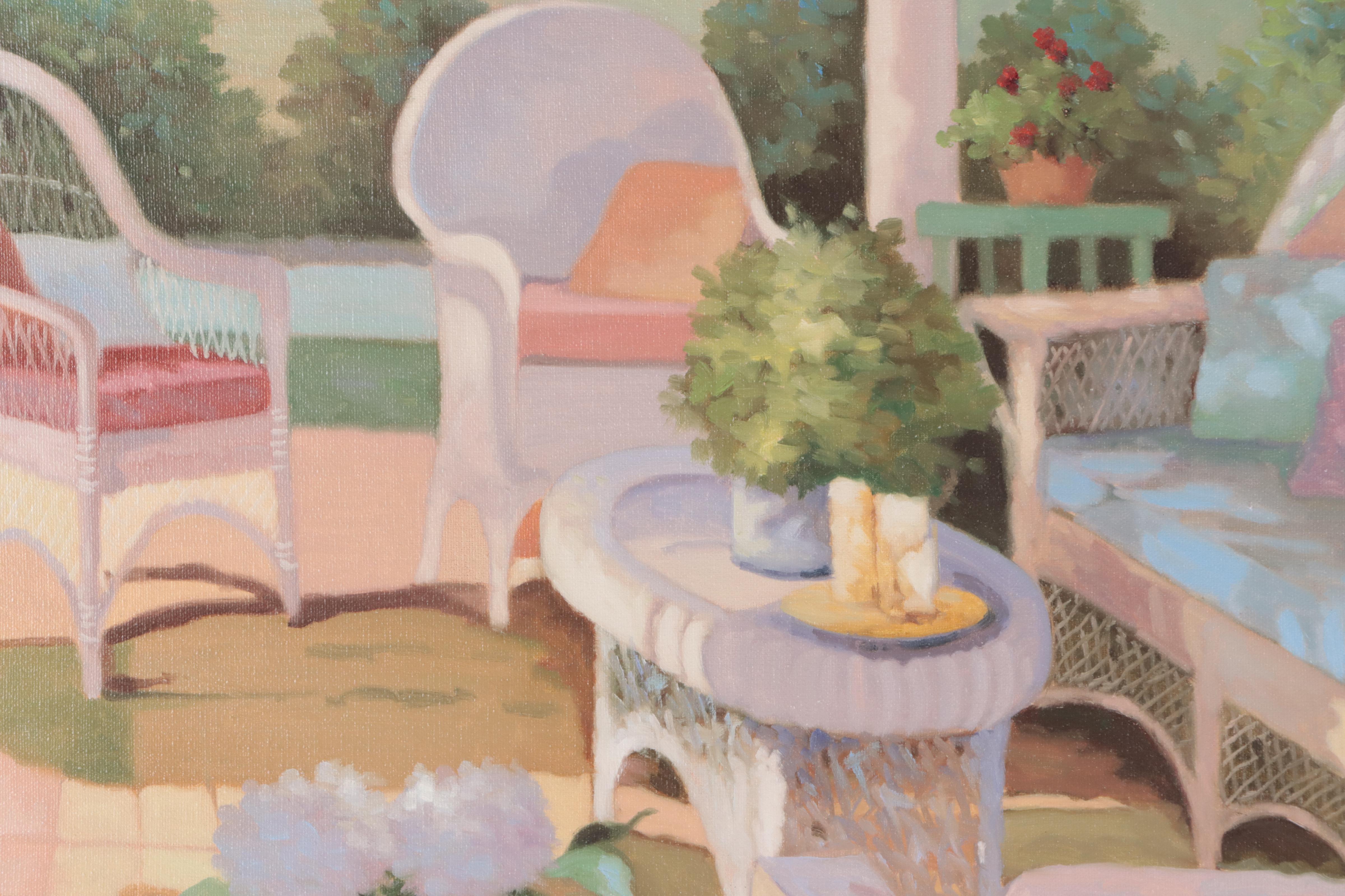 Candi Oil Painting of Patio Scene With Figure