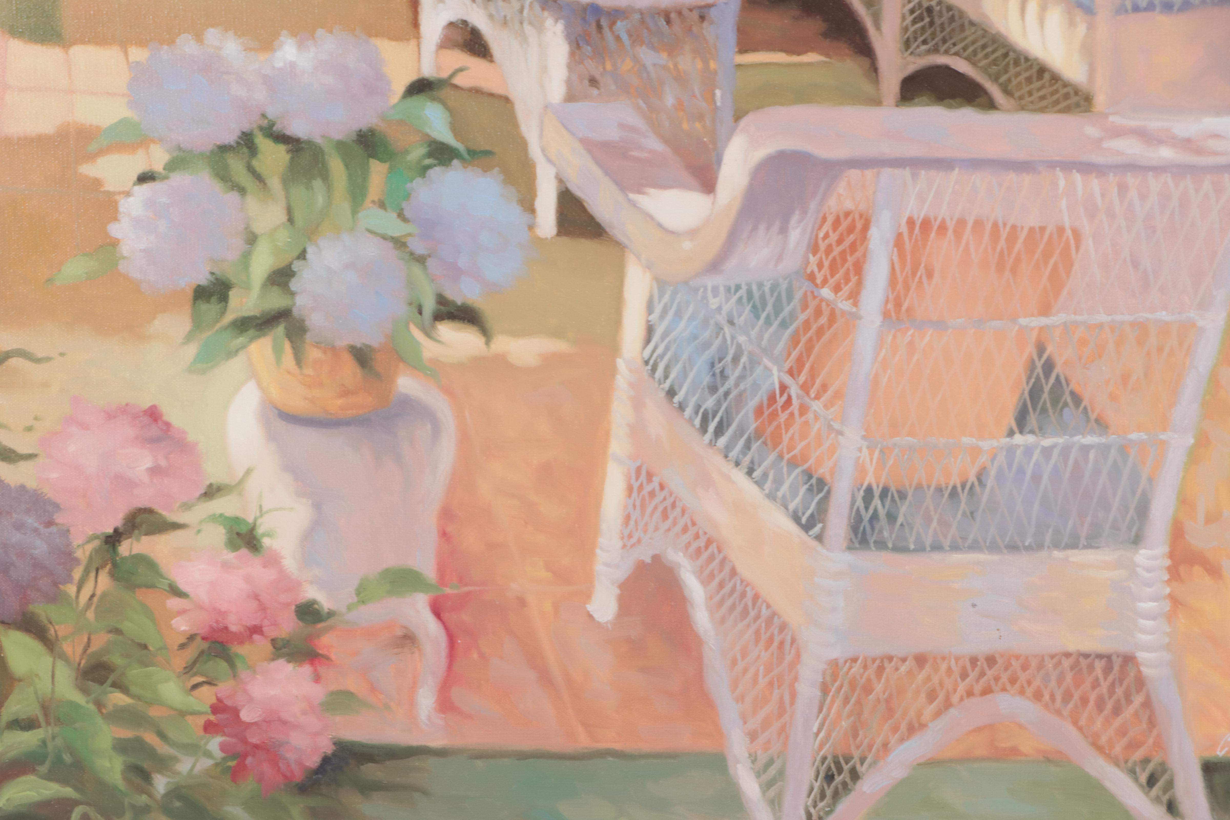 Candi Oil Painting of Patio Scene With Figure