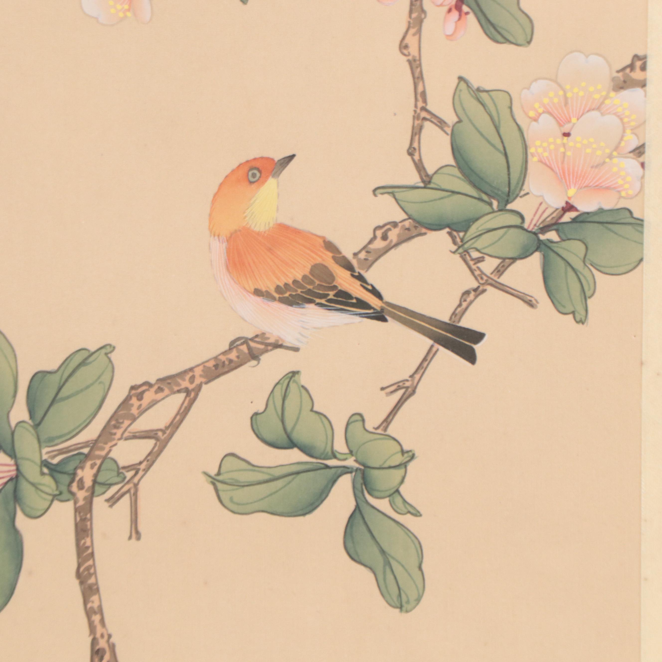 East Asian Gouache Paintings of Blossoming Trees and Birds