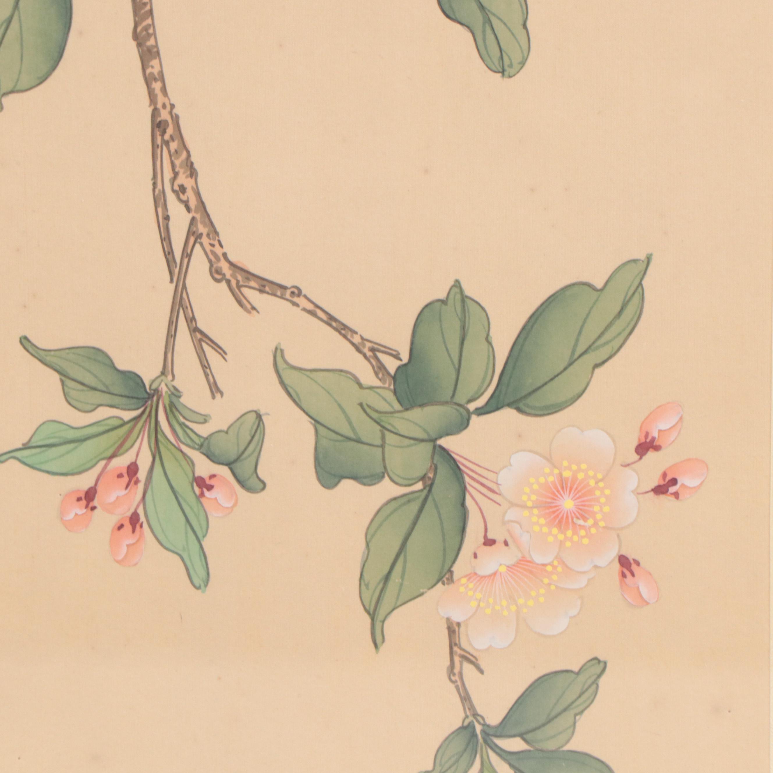 East Asian Gouache Paintings of Blossoming Trees and Birds