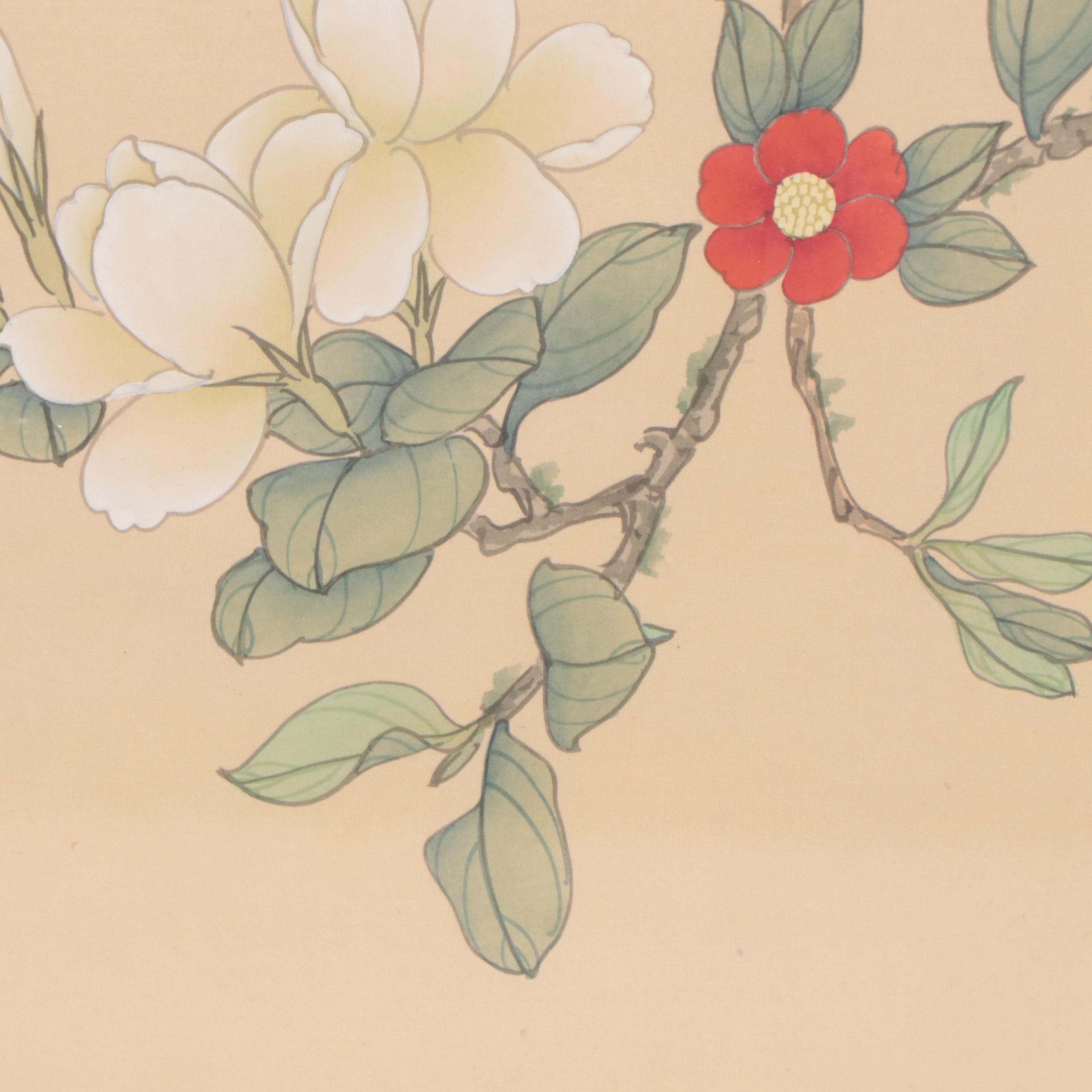 East Asian Gouache Paintings of Blossoming Trees and Birds