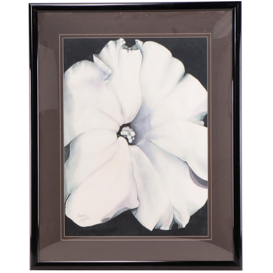 Beverly Morfeld Watercolor Painting of White Flower, Late 20th Century