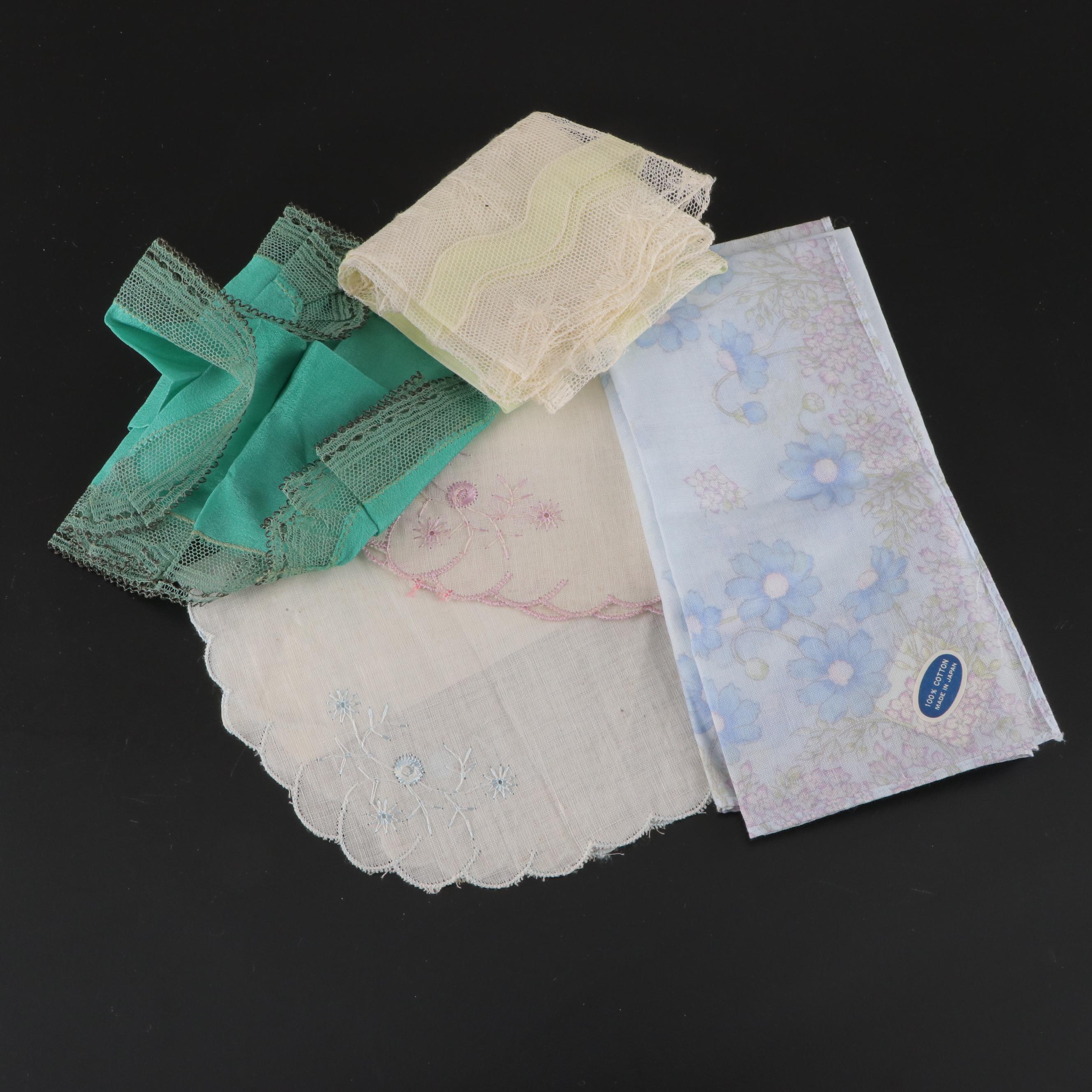 Embroidered and Crocheted Pillowcases With Handkerchiefs and Quilt Pieces