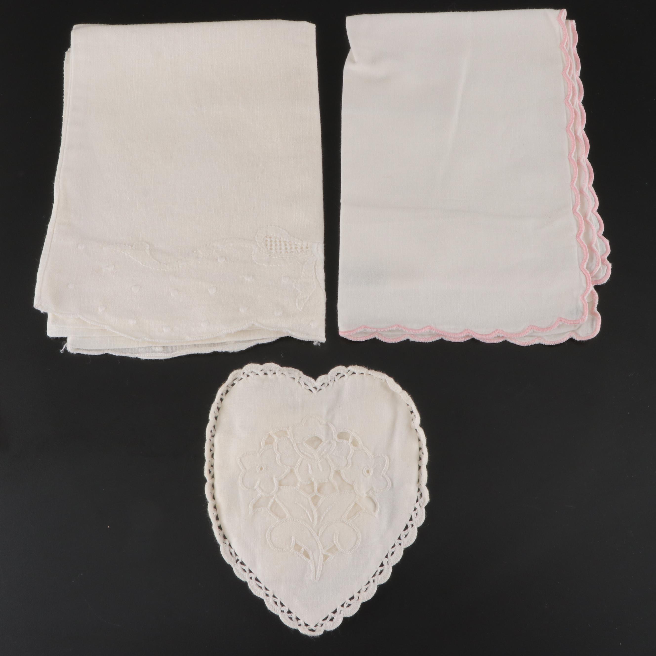 Embroidered and Crocheted Pillowcases With Handkerchiefs and Quilt Pieces