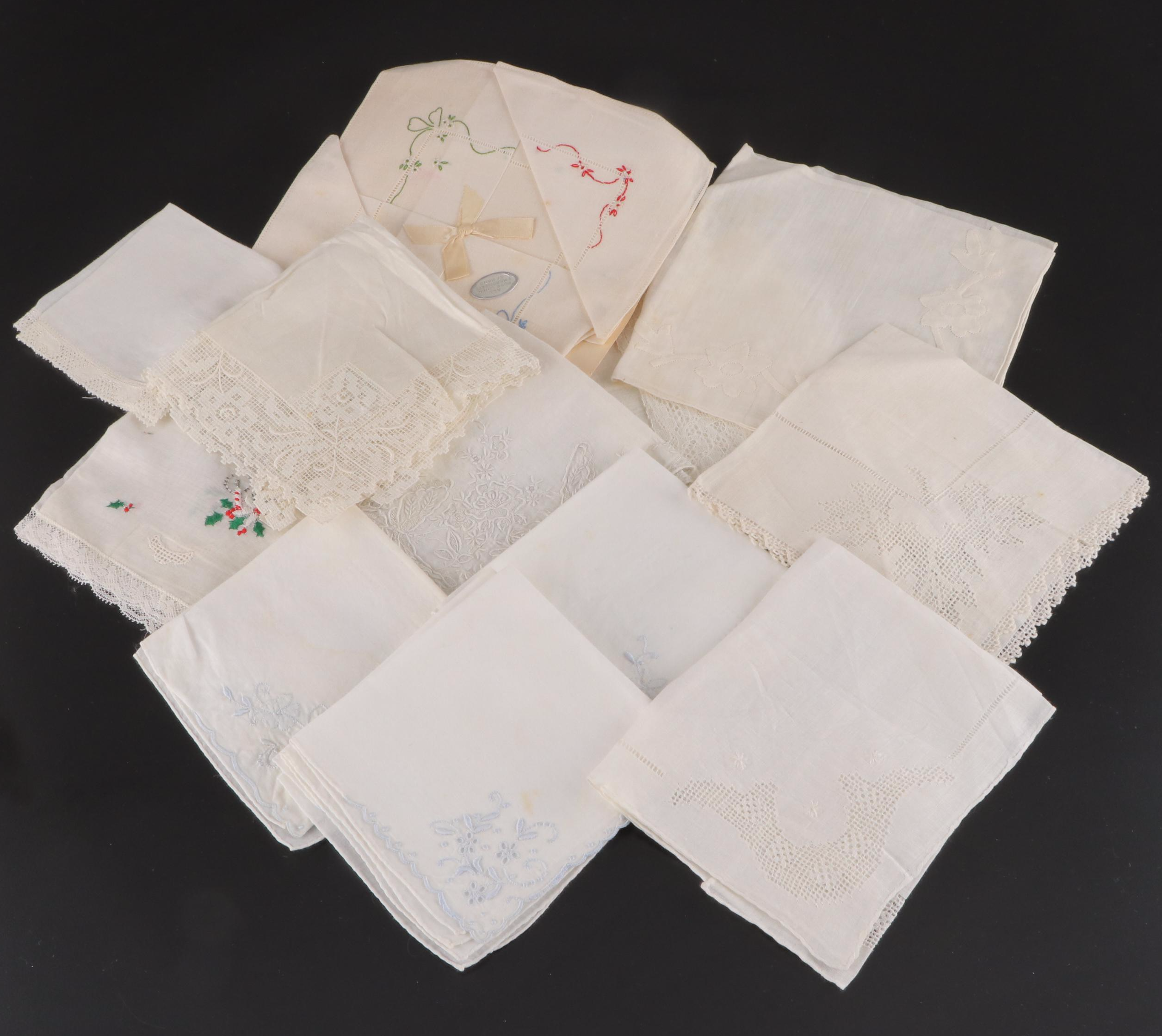 Embroidered and Crocheted Pillowcases With Handkerchiefs and Quilt Pieces