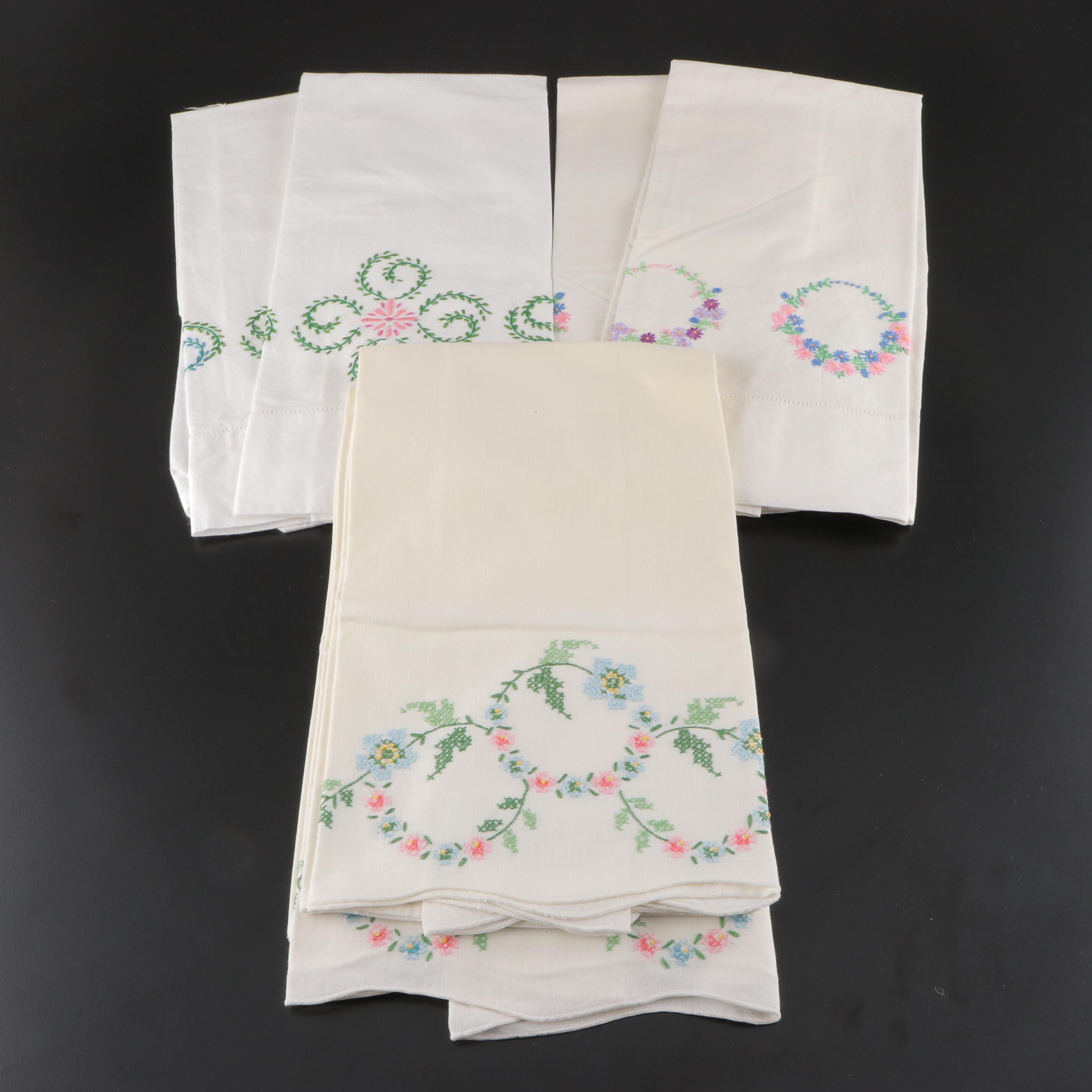 Embroidered and Crocheted Pillowcases With Handkerchiefs and Quilt Pieces