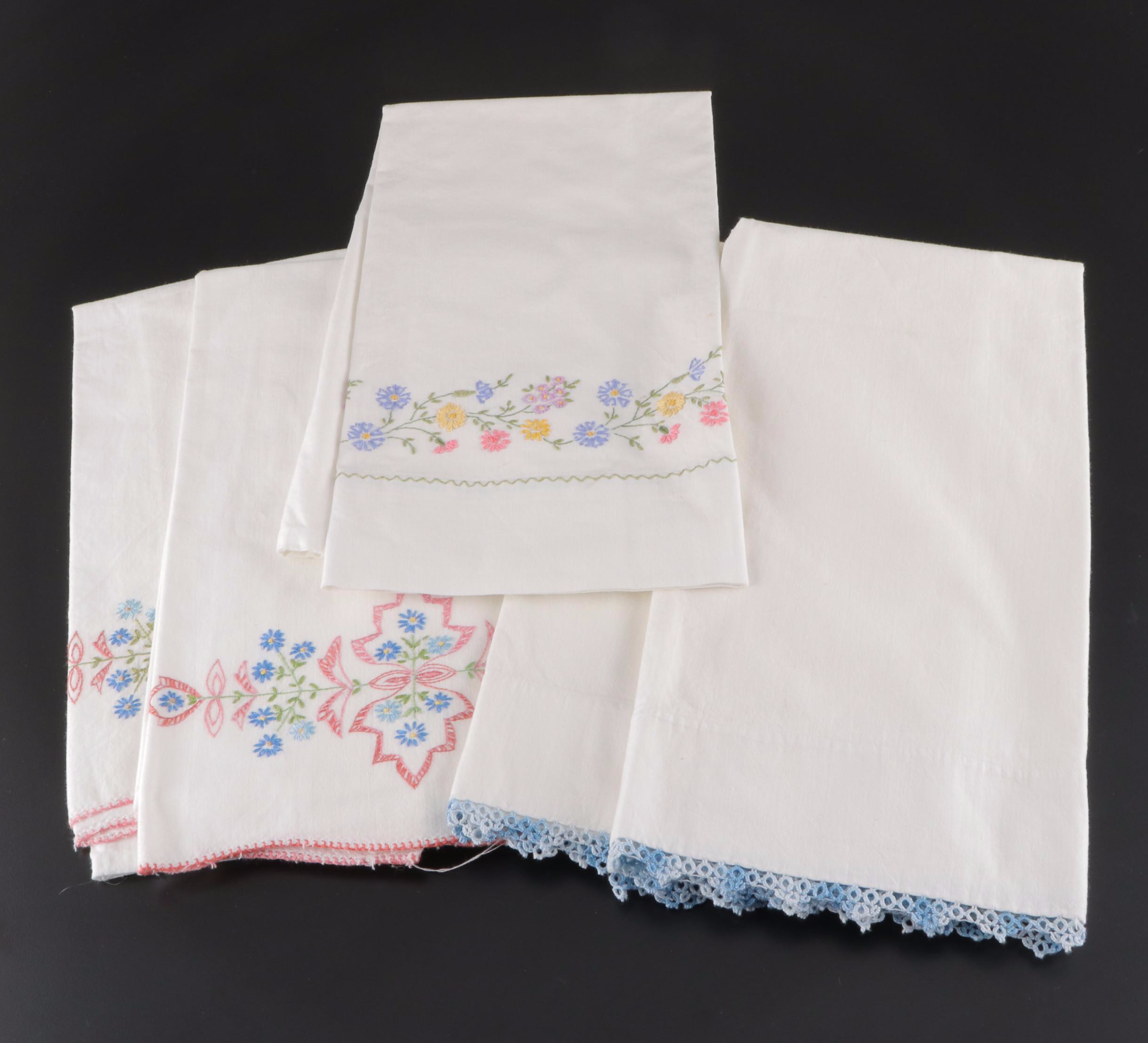 Embroidered and Crocheted Pillowcases With Handkerchiefs and Quilt Pieces