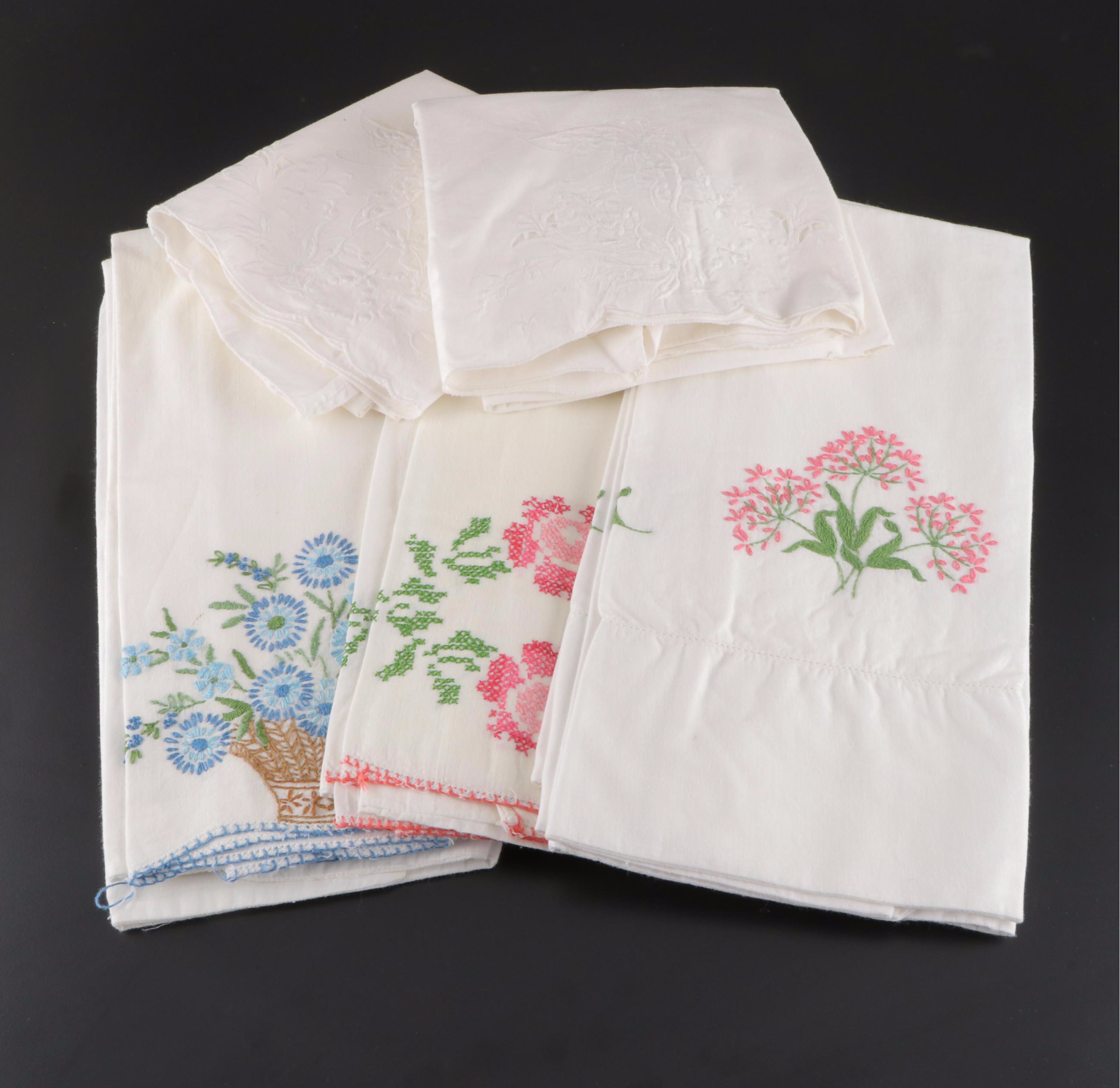 Embroidered and Crocheted Pillowcases With Handkerchiefs and Quilt Pieces