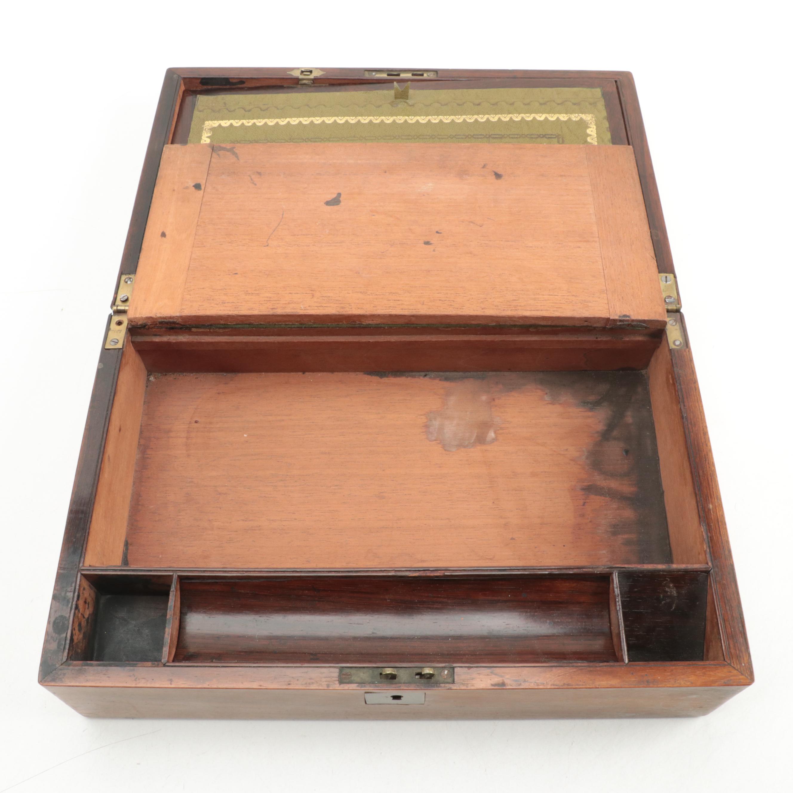 English Rosewood Writing Box with Brass Inlay, Mid to Late 19th Century