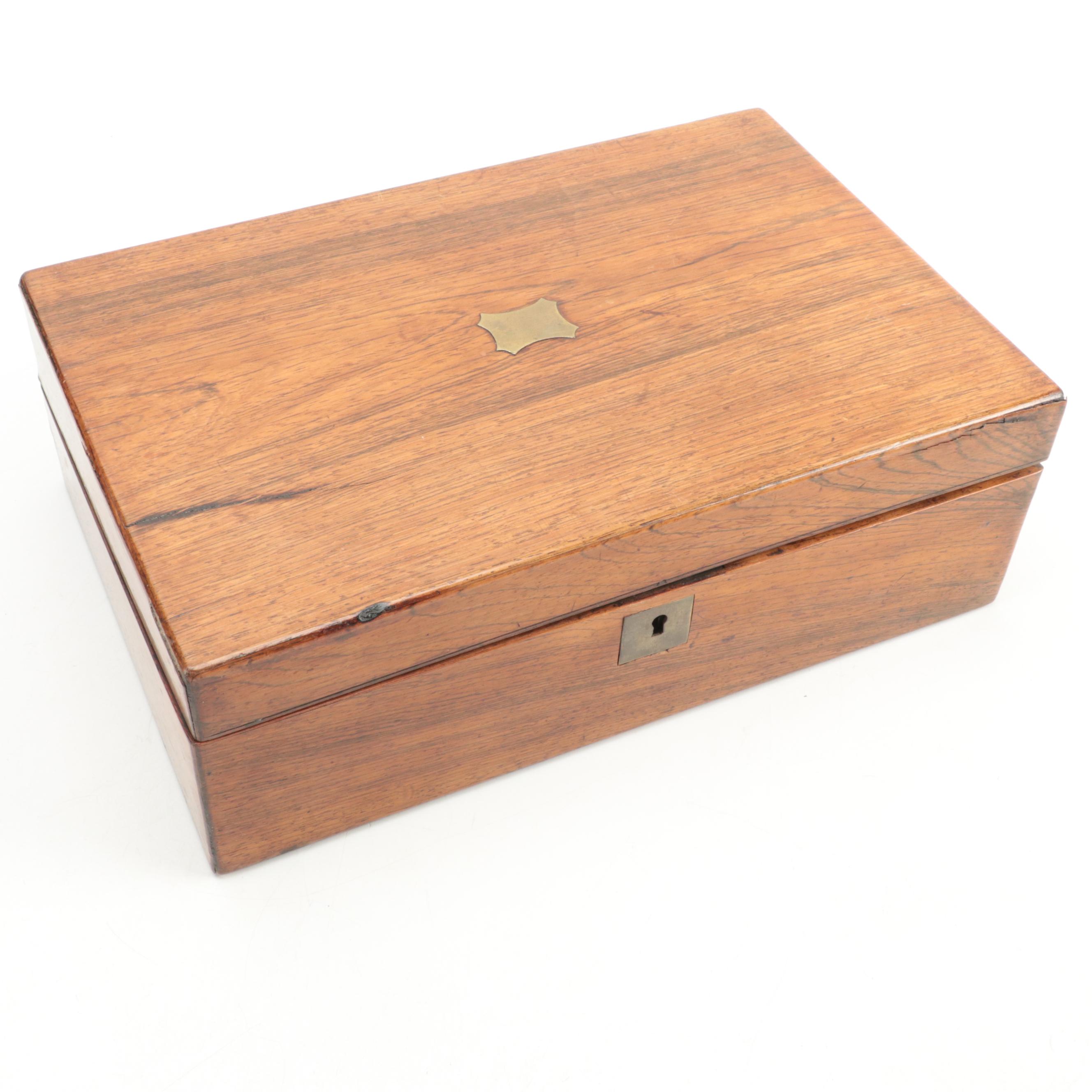 English Rosewood Writing Box with Brass Inlay, Mid to Late 19th Century