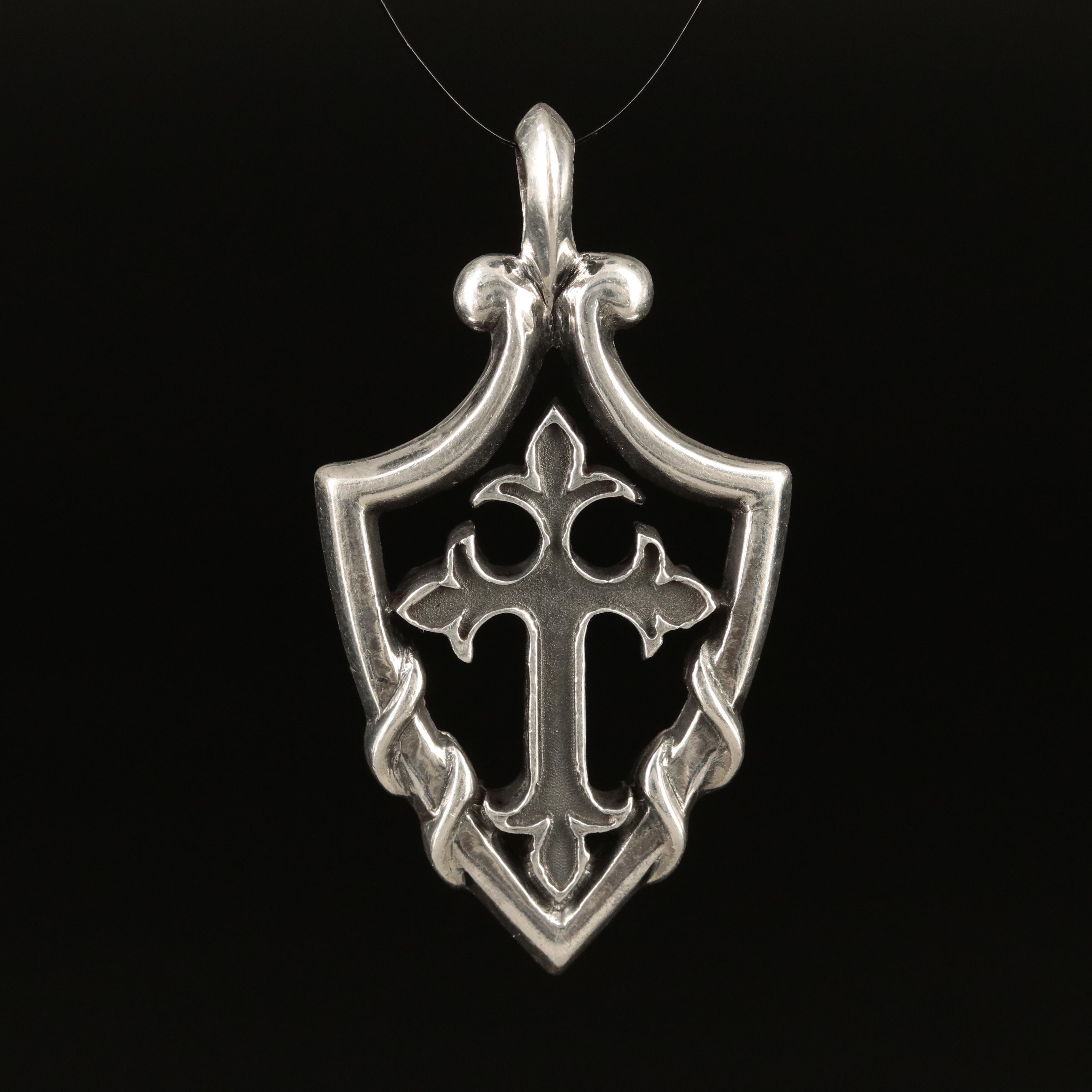 Sterling Fleur de Lis Cross and Shield Pendant