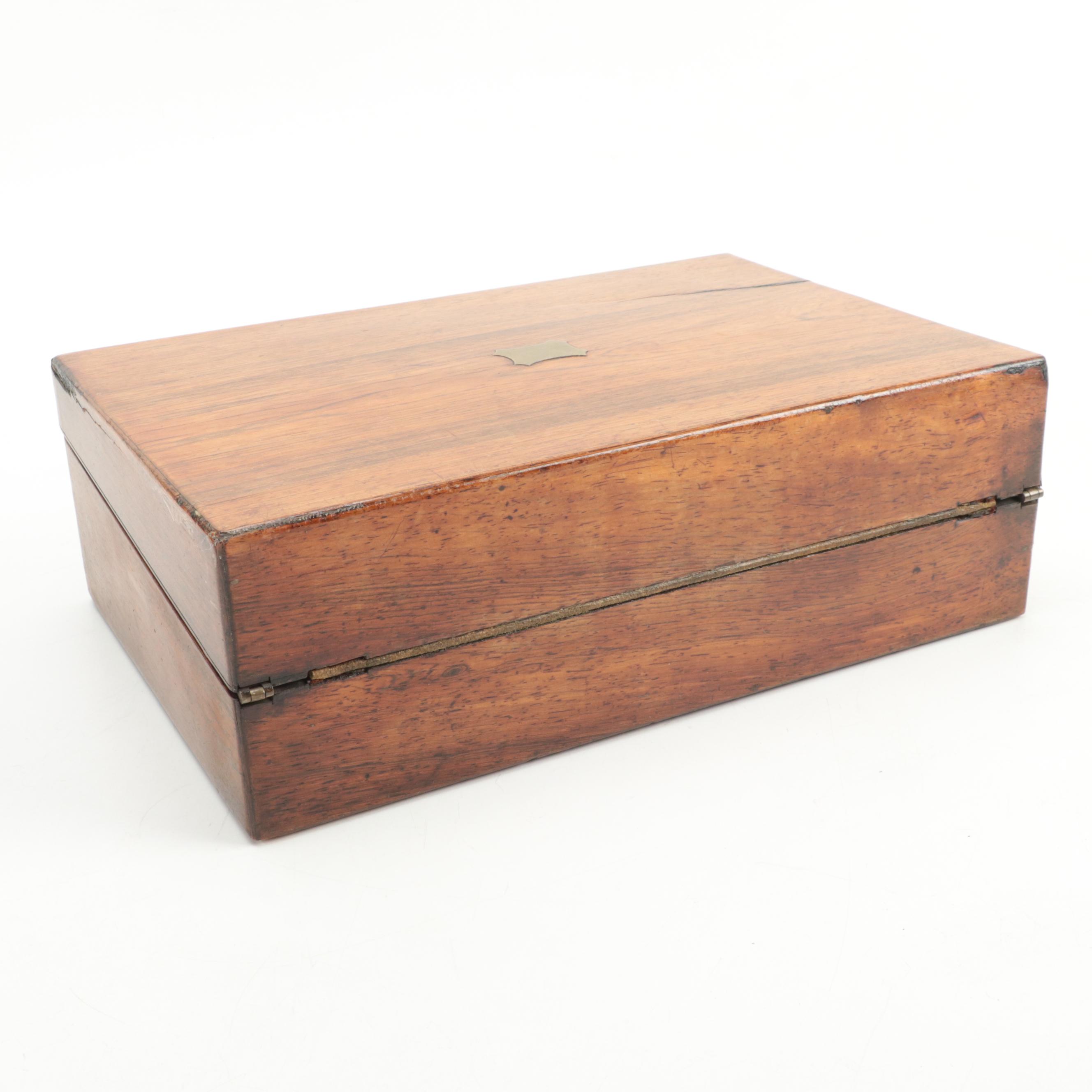 English Rosewood Writing Box with Brass Inlay, Mid to Late 19th Century