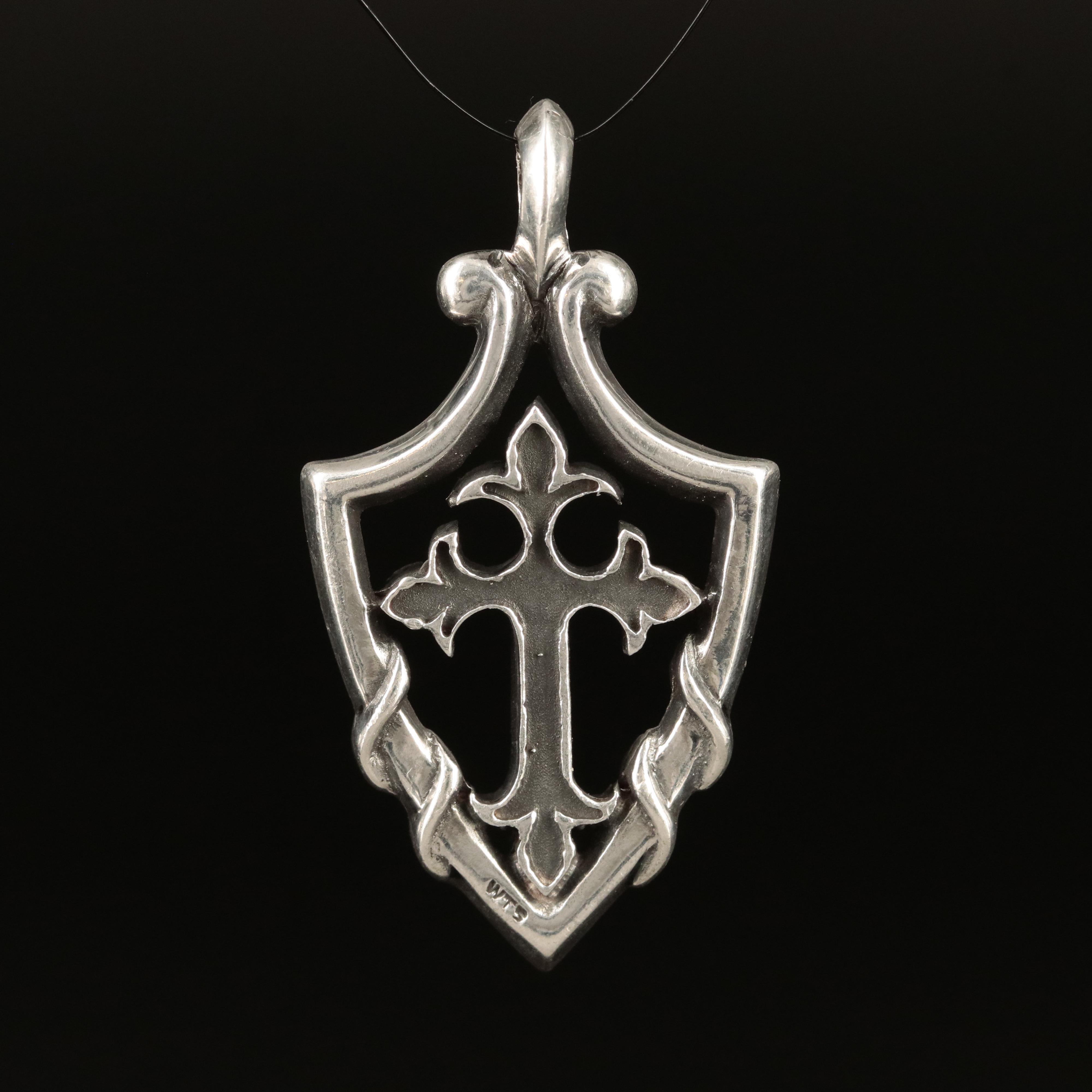 Sterling Fleur de Lis Cross and Shield Pendant