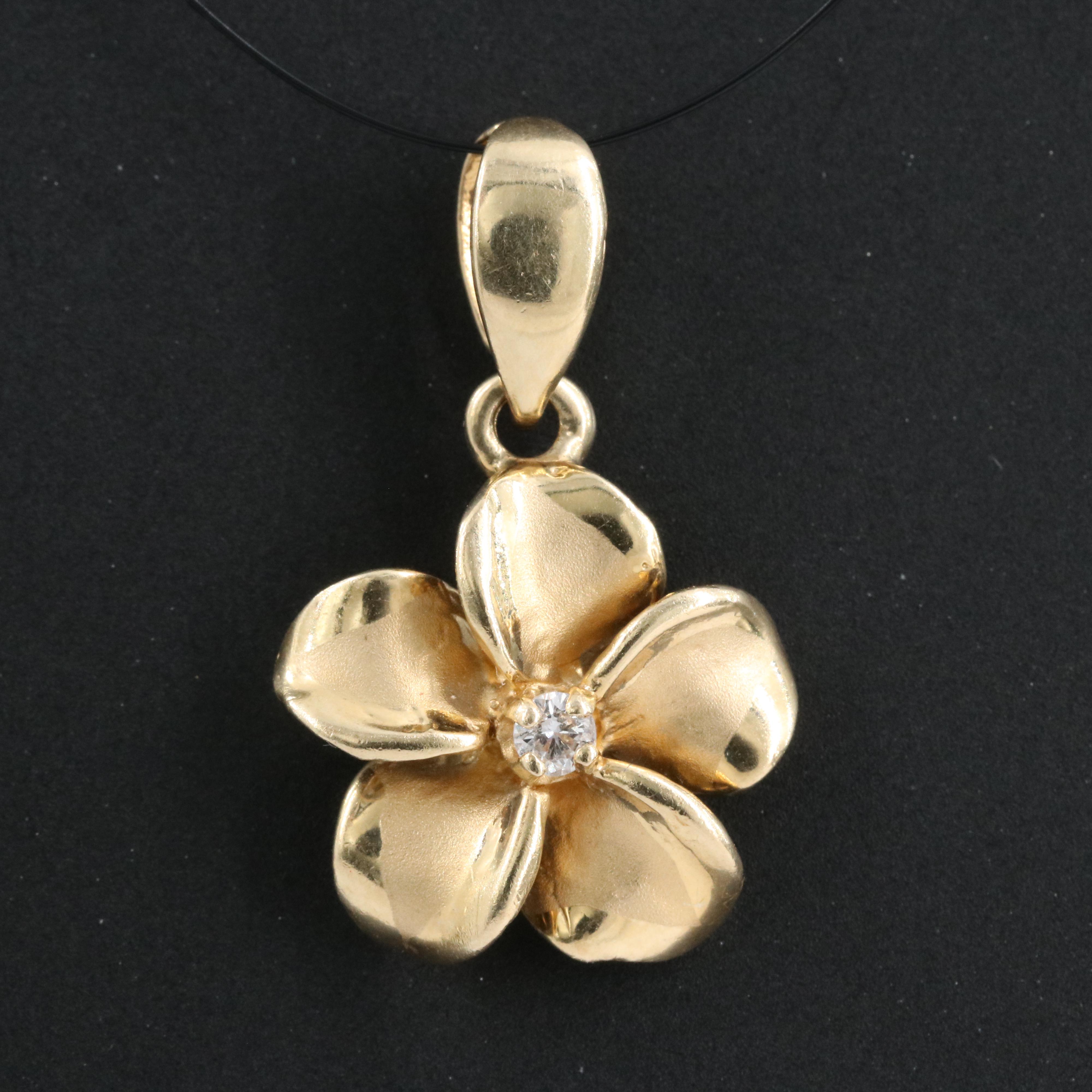 14K 0.03 CT Diamond Plumeria Pendant
