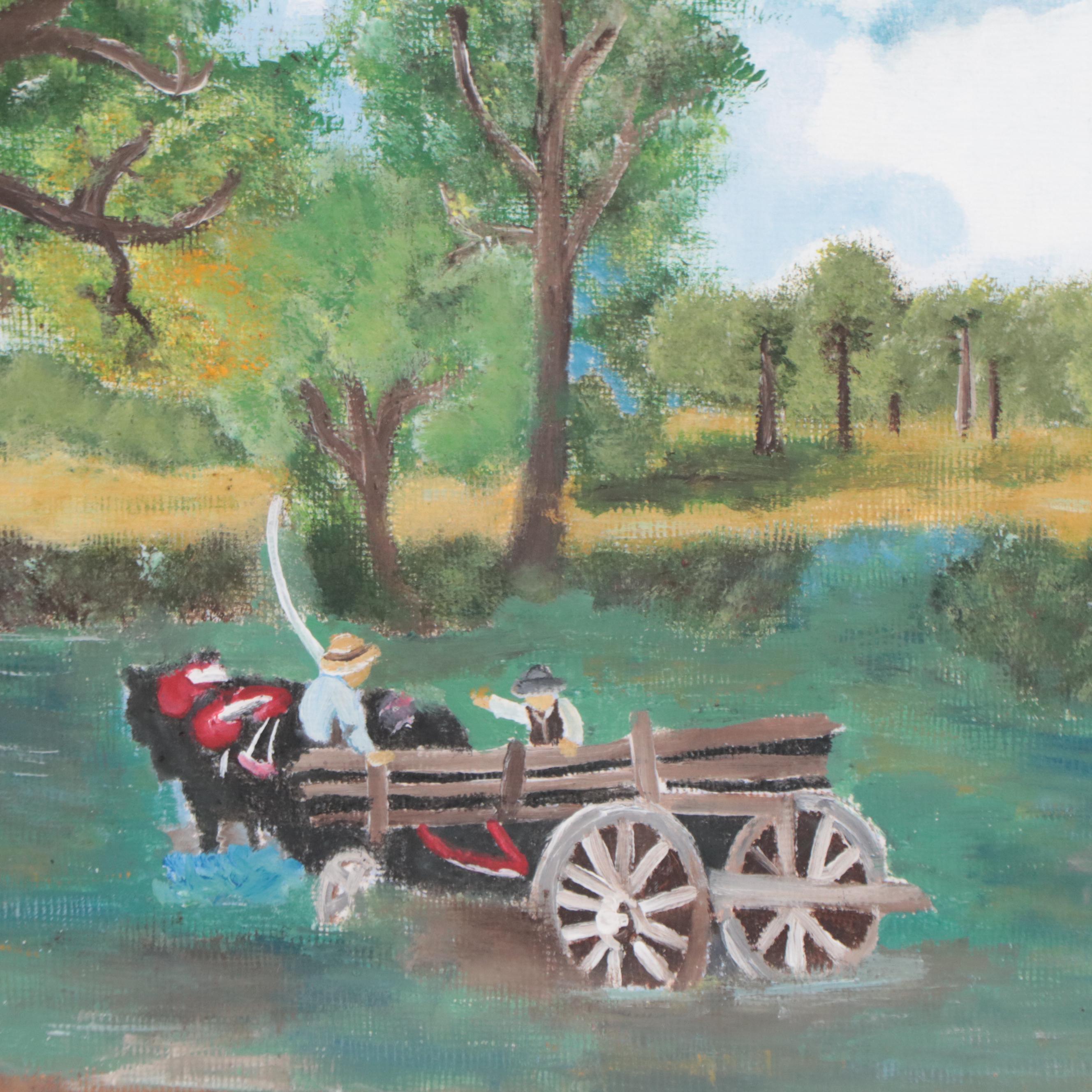 Folk Art Acrylic Painting After John Constable "The Hay Wain"