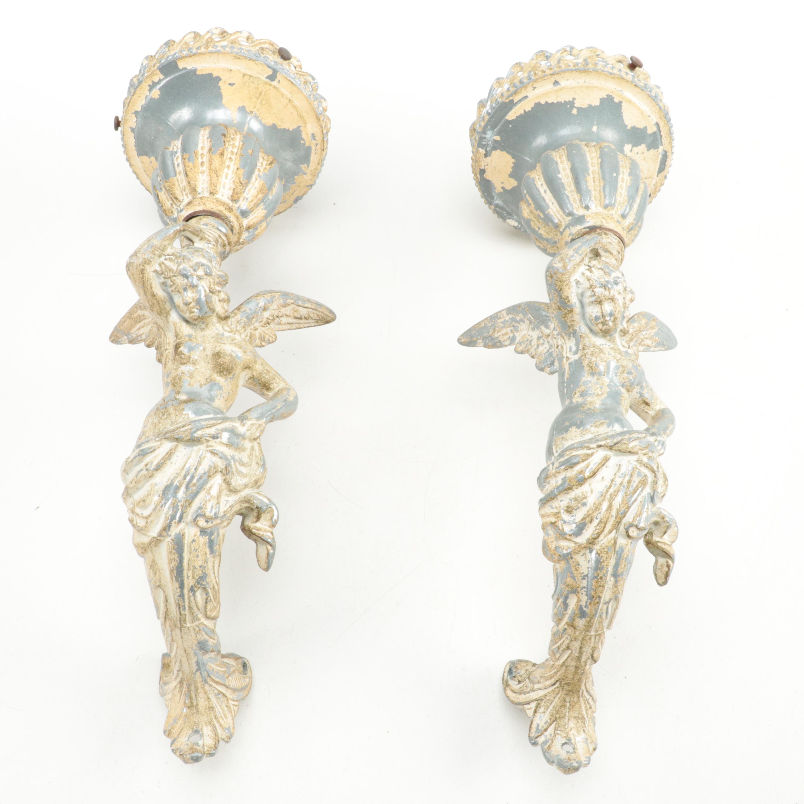 Pair of Painted Cast Metal Winged Caryatid Light Brackets