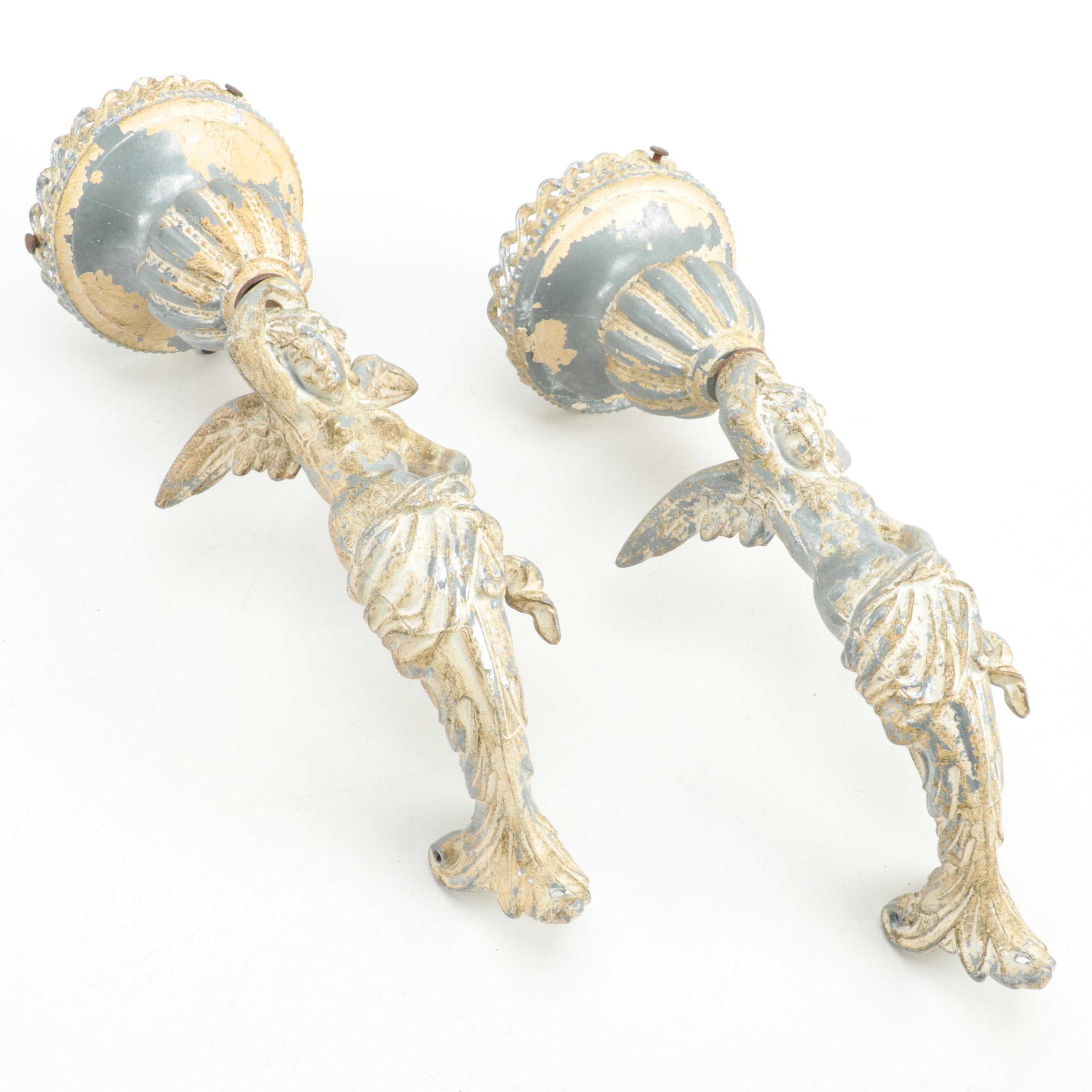 Pair of Painted Cast Metal Winged Caryatid Light Brackets