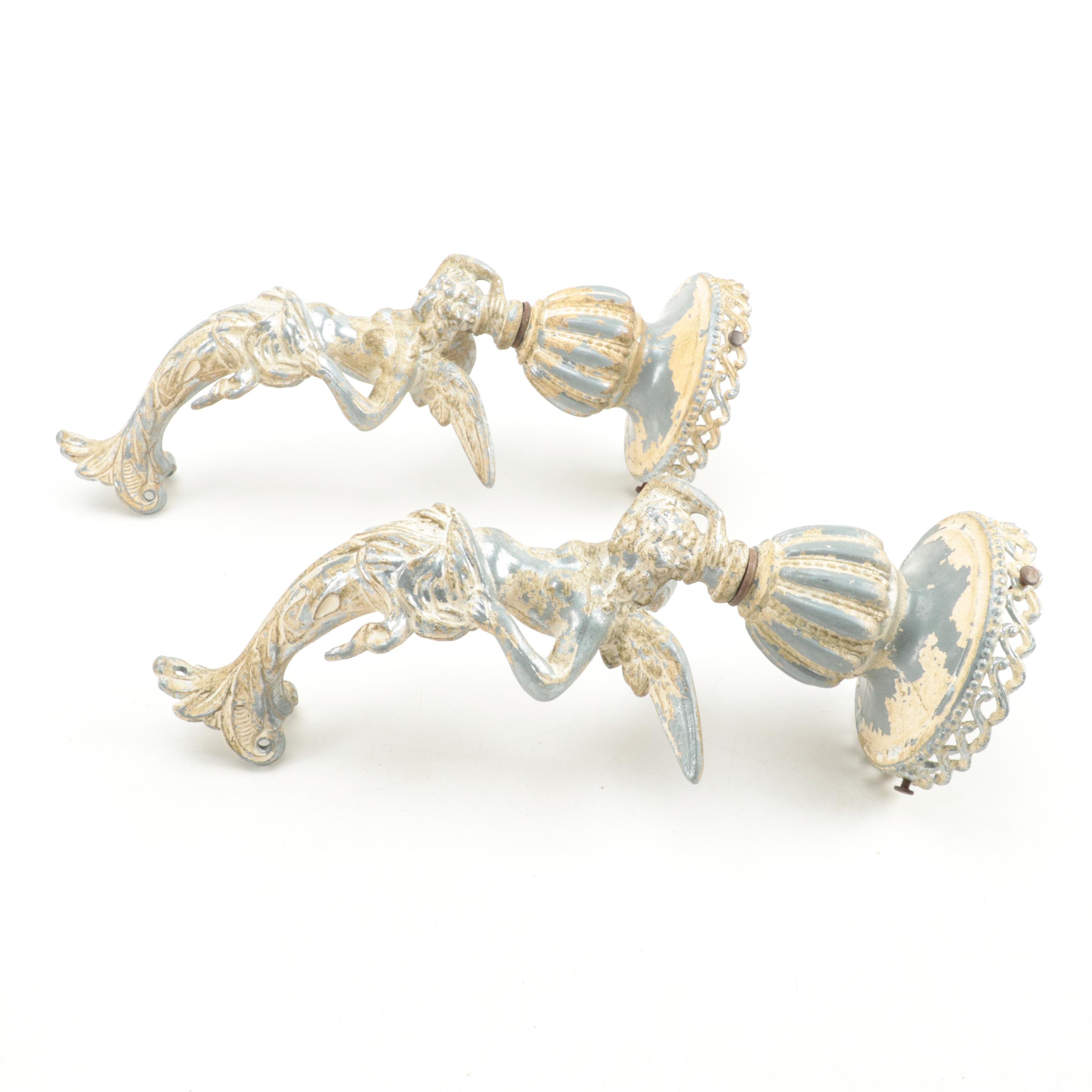 Pair of Painted Cast Metal Winged Caryatid Light Brackets