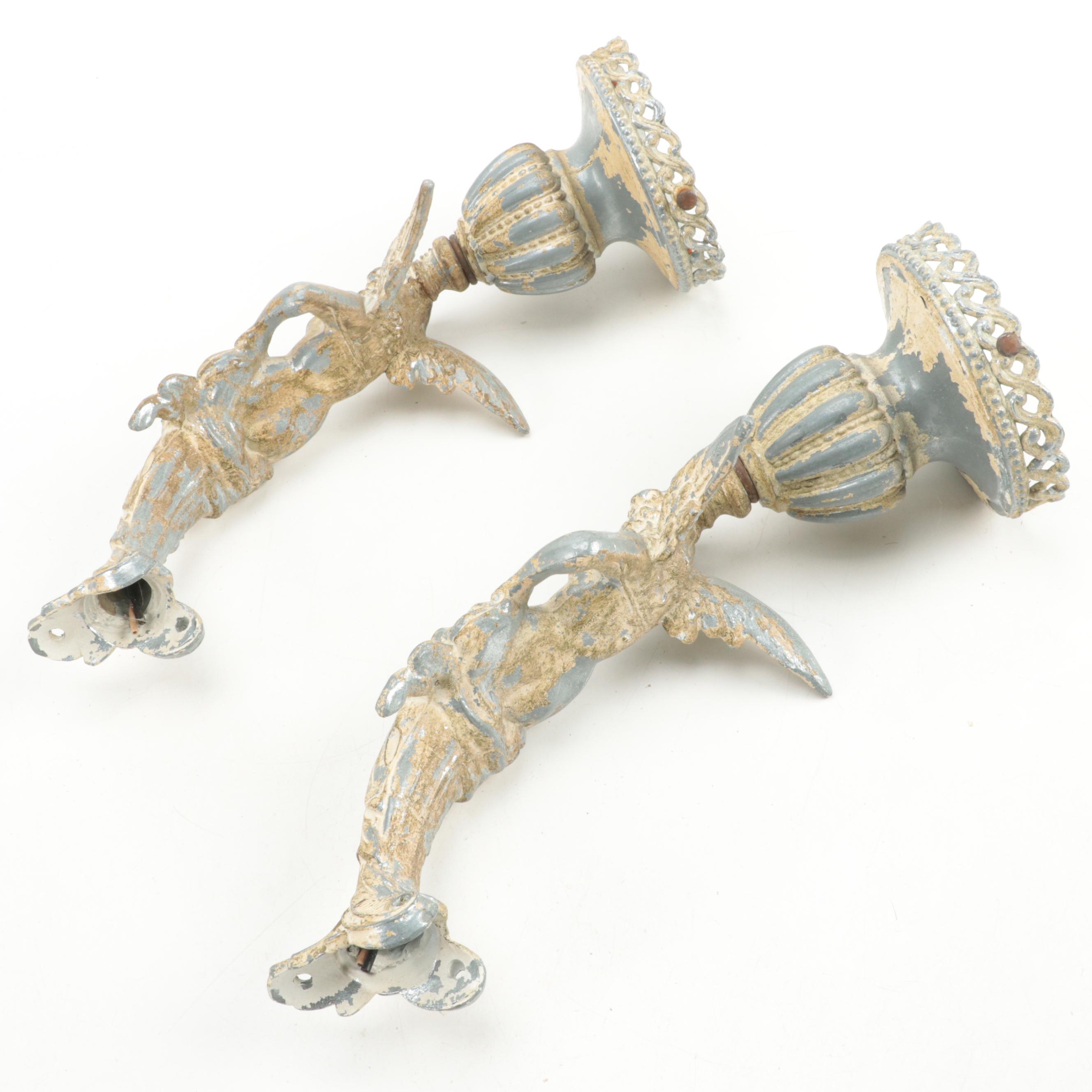 Pair of Painted Cast Metal Winged Caryatid Light Brackets